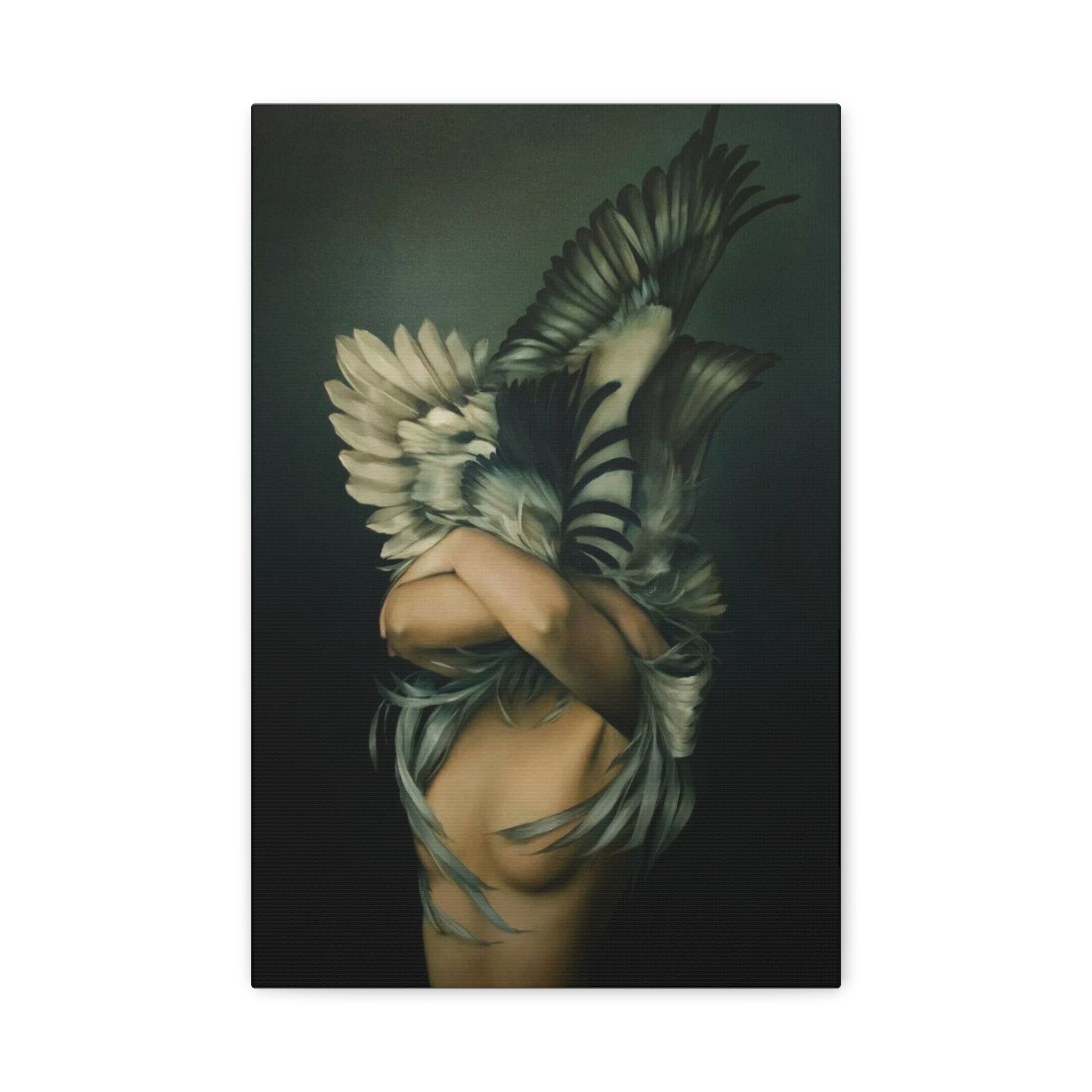 Winged Embrace Matte Canvas Wall Art — Surreal Feathered Figure Stretched Print