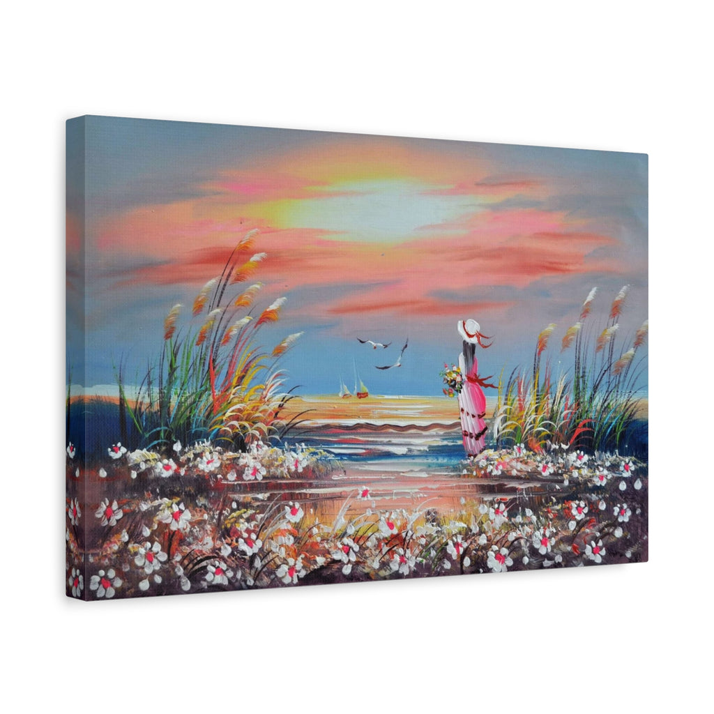 Sunset Beach Canvas Wall Art — Woman with Flowers Seaside Painting