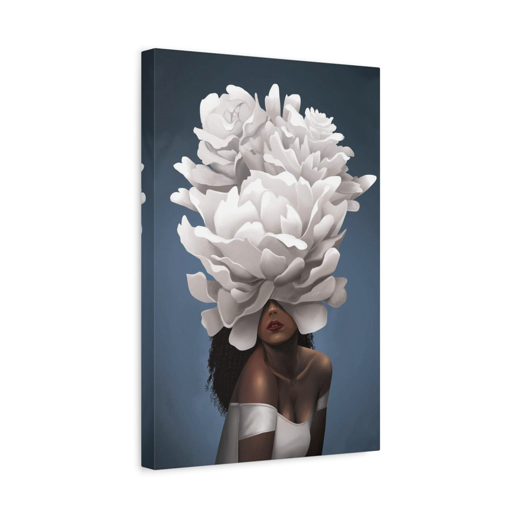 Floral Veil Canvas Wall Art — Elegant Woman with Oversized White Peony 