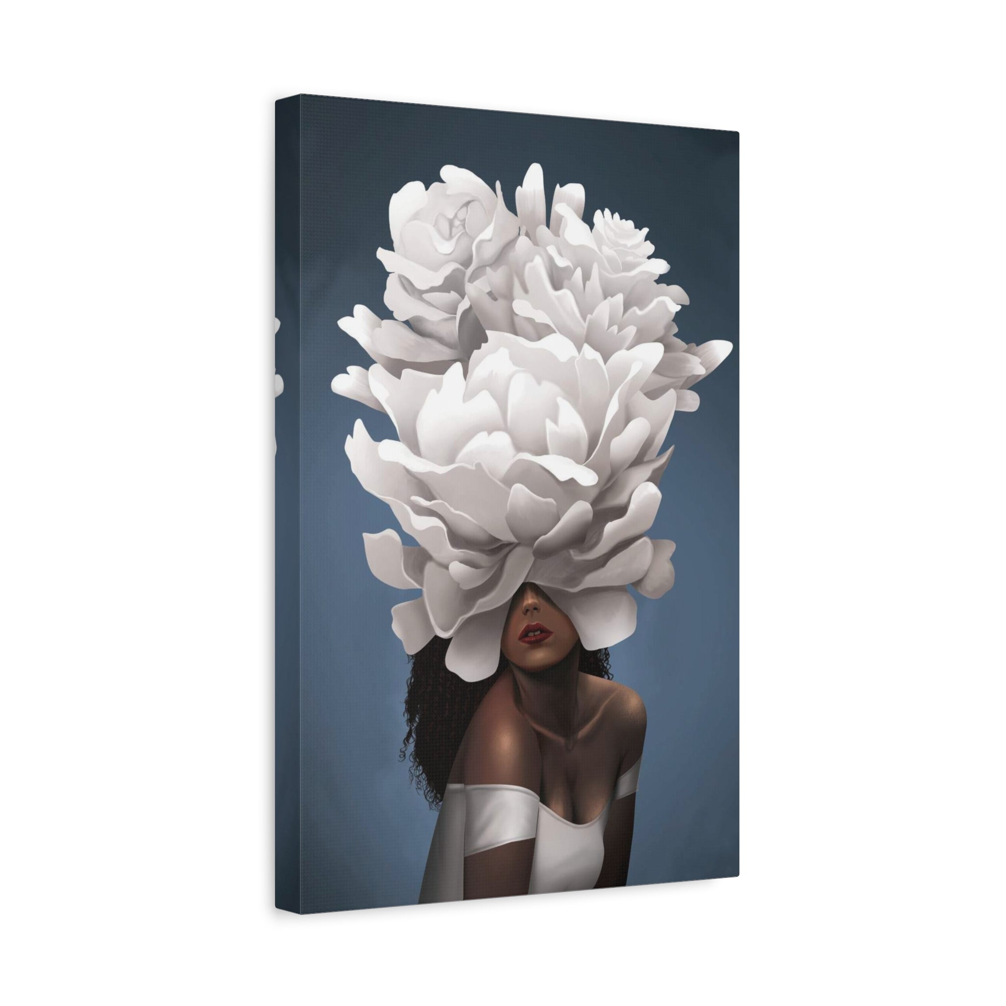 Floral Veil Canvas Wall Art — Elegant Woman with Oversized White Peony 