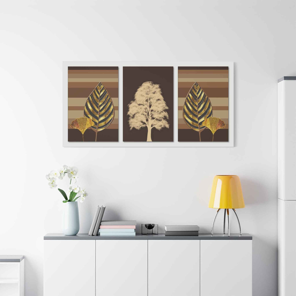 Golden Botanical Leaf Triptych Canvas Wall Art – Luxury Nature Decor