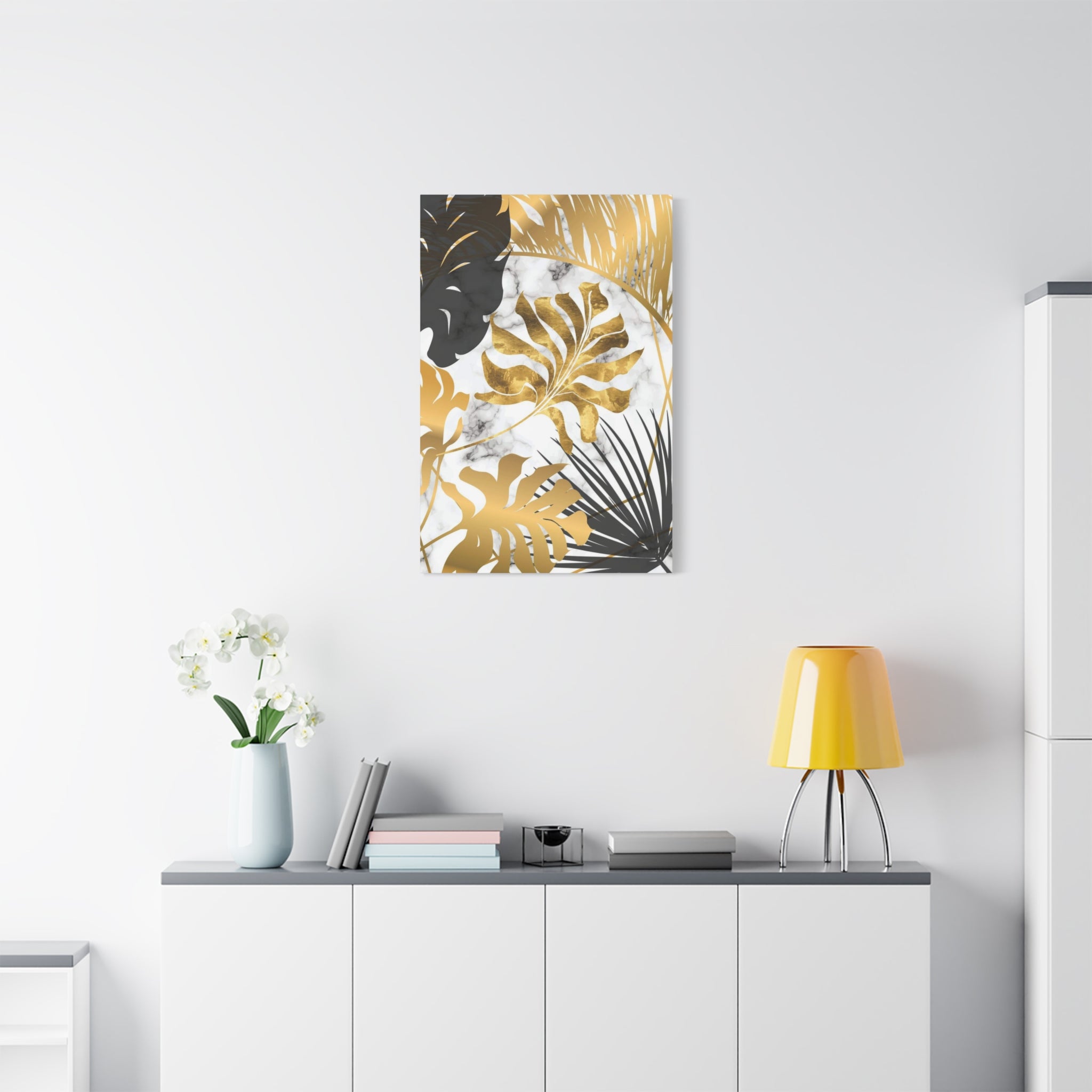 Gold & Black Tropical Leaves Canvas Wall Art — Modern Marble Botanical Print 