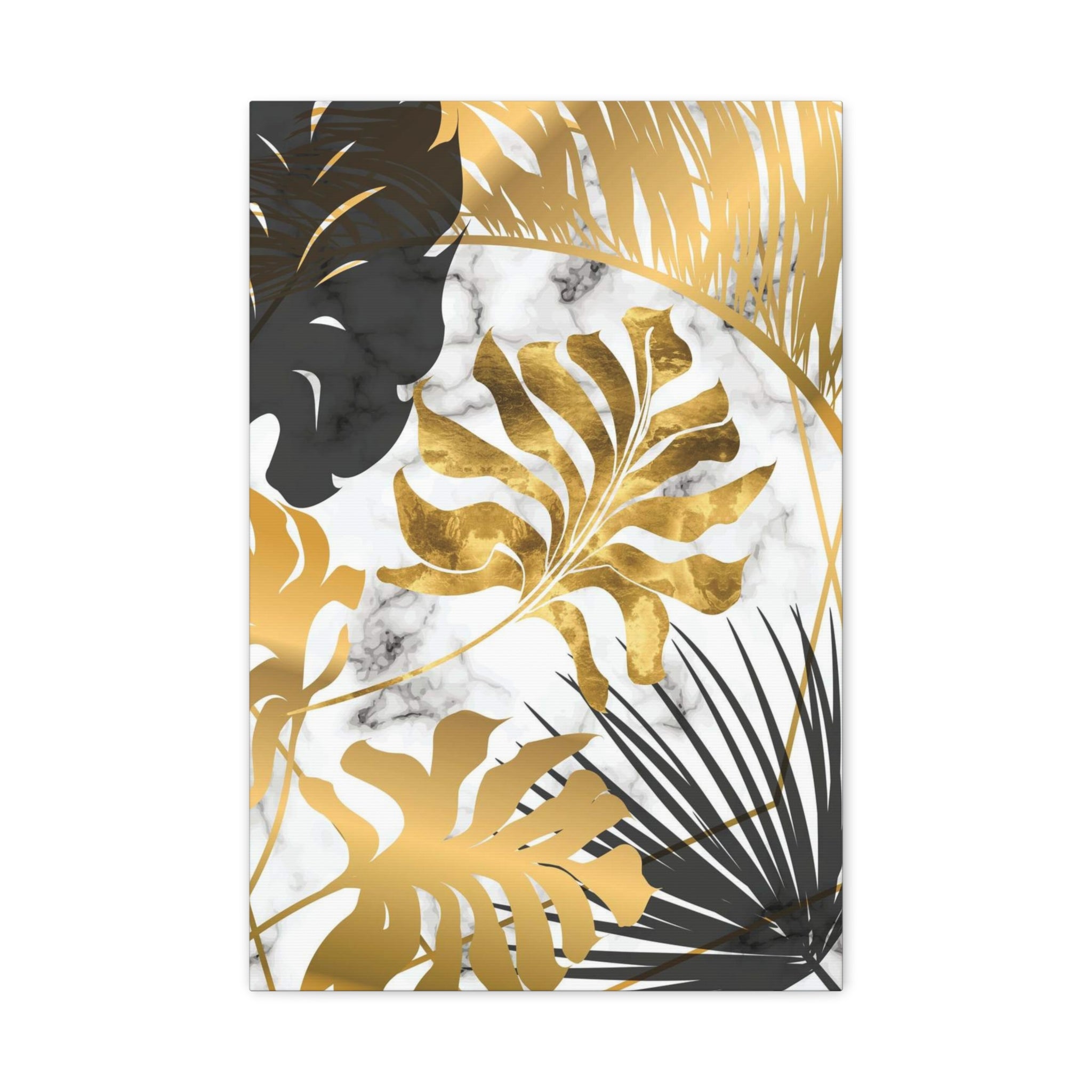 Gold & Black Tropical Leaves Canvas Wall Art — Modern Marble Botanical Print 