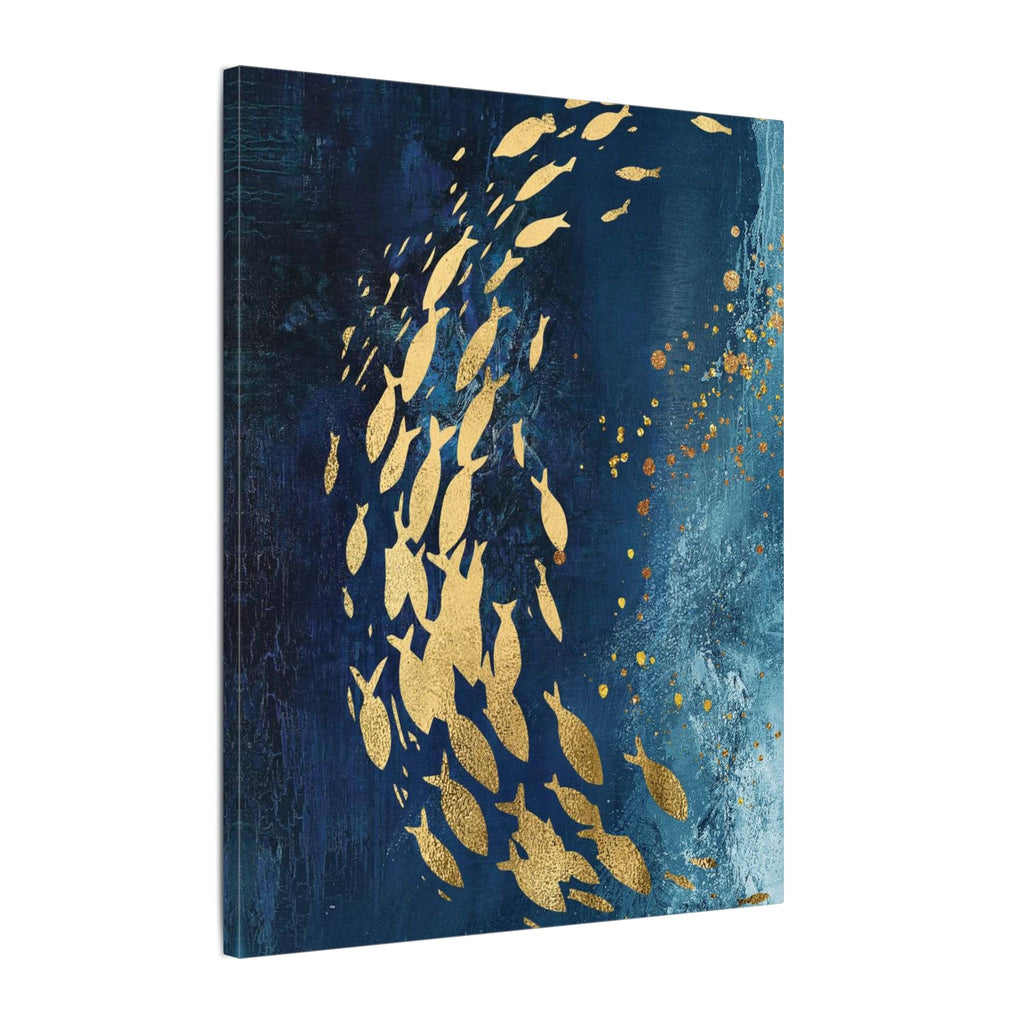 Abstract Gold Fish Canvas — Navy Ocean Wall Art (Matte Stretched)