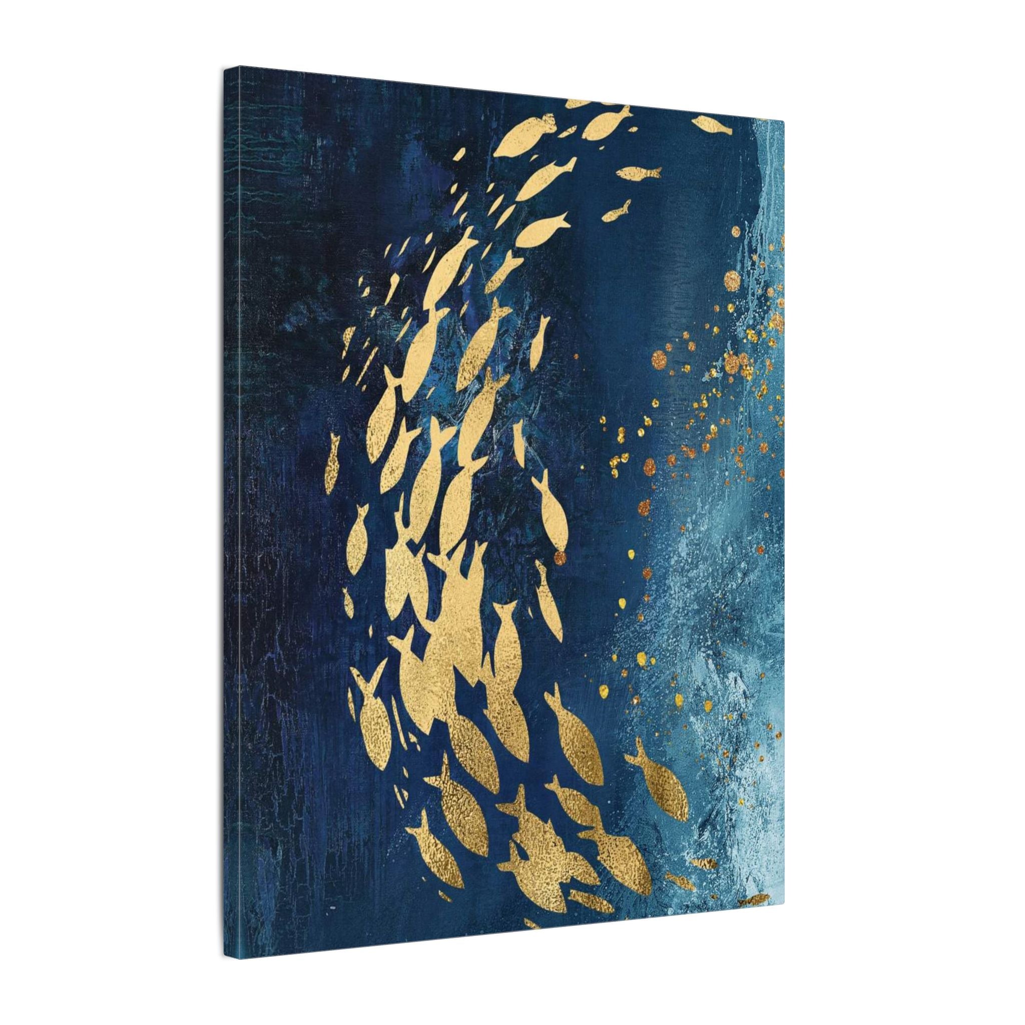 Abstract Gold Fish Canvas — Navy Ocean Wall Art (Matte Stretched)