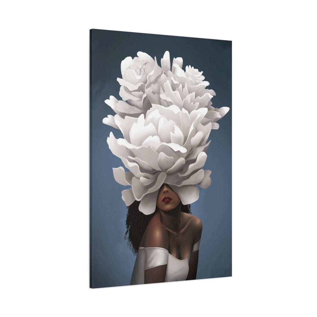 Floral Veil Canvas Wall Art — Elegant Woman with Oversized White Peony 