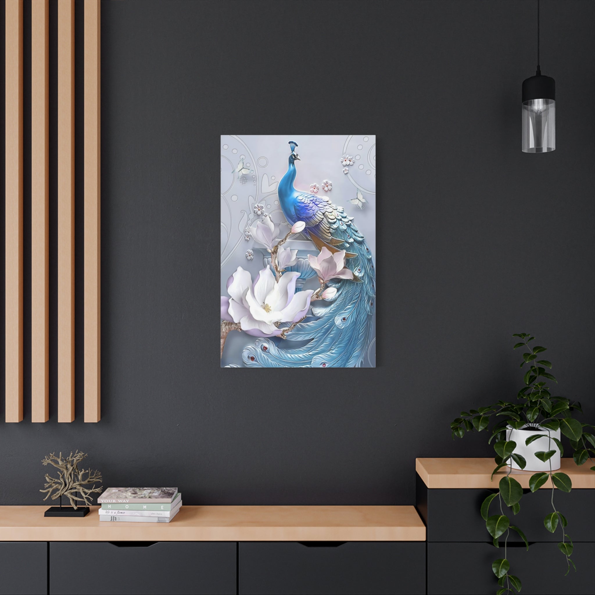 Blue Peacock Floral Canvas Wall Art — Matte Stretched 1.25" 