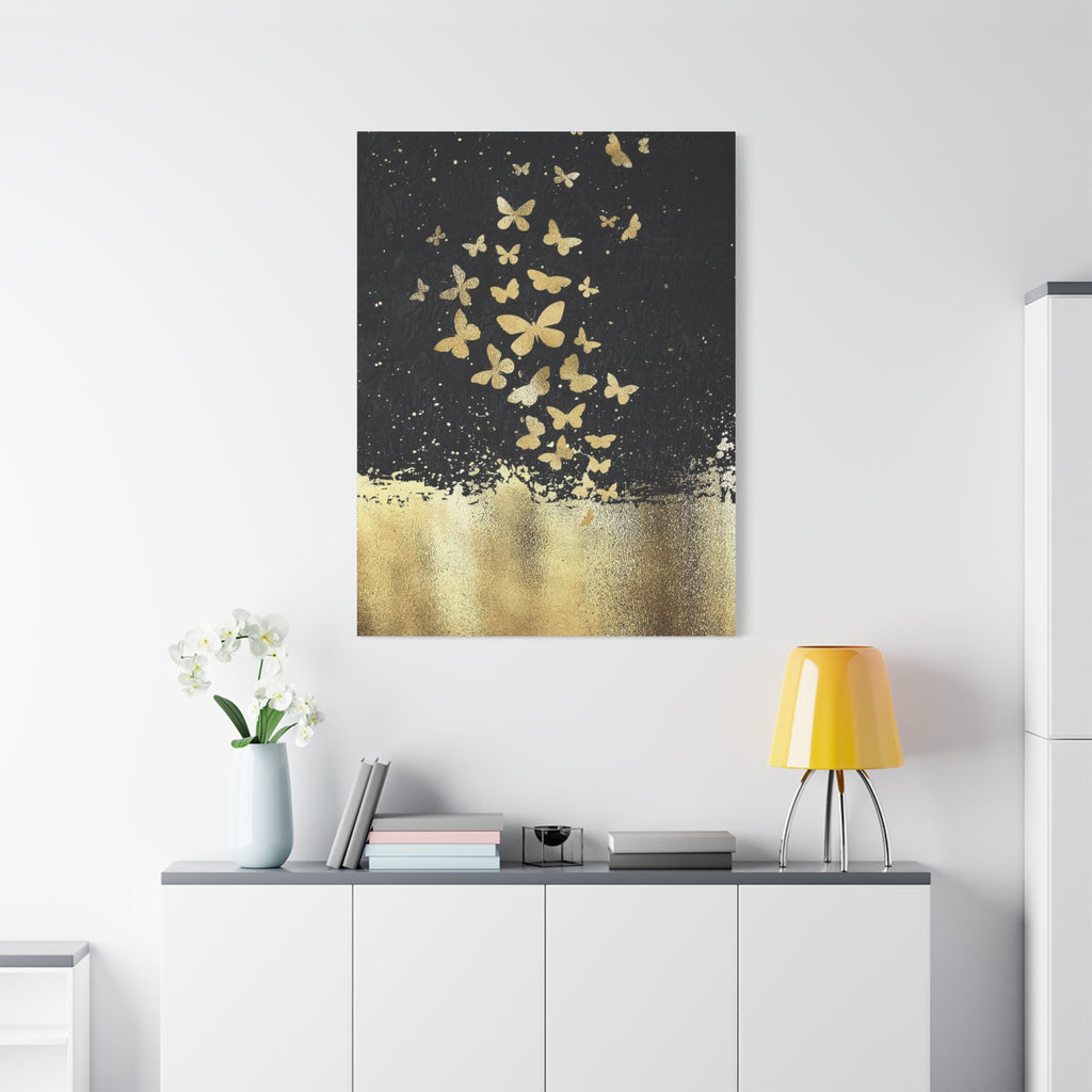 Canvas Art - Gold Butterflies on Black Abstract Matte Stretched Canvas