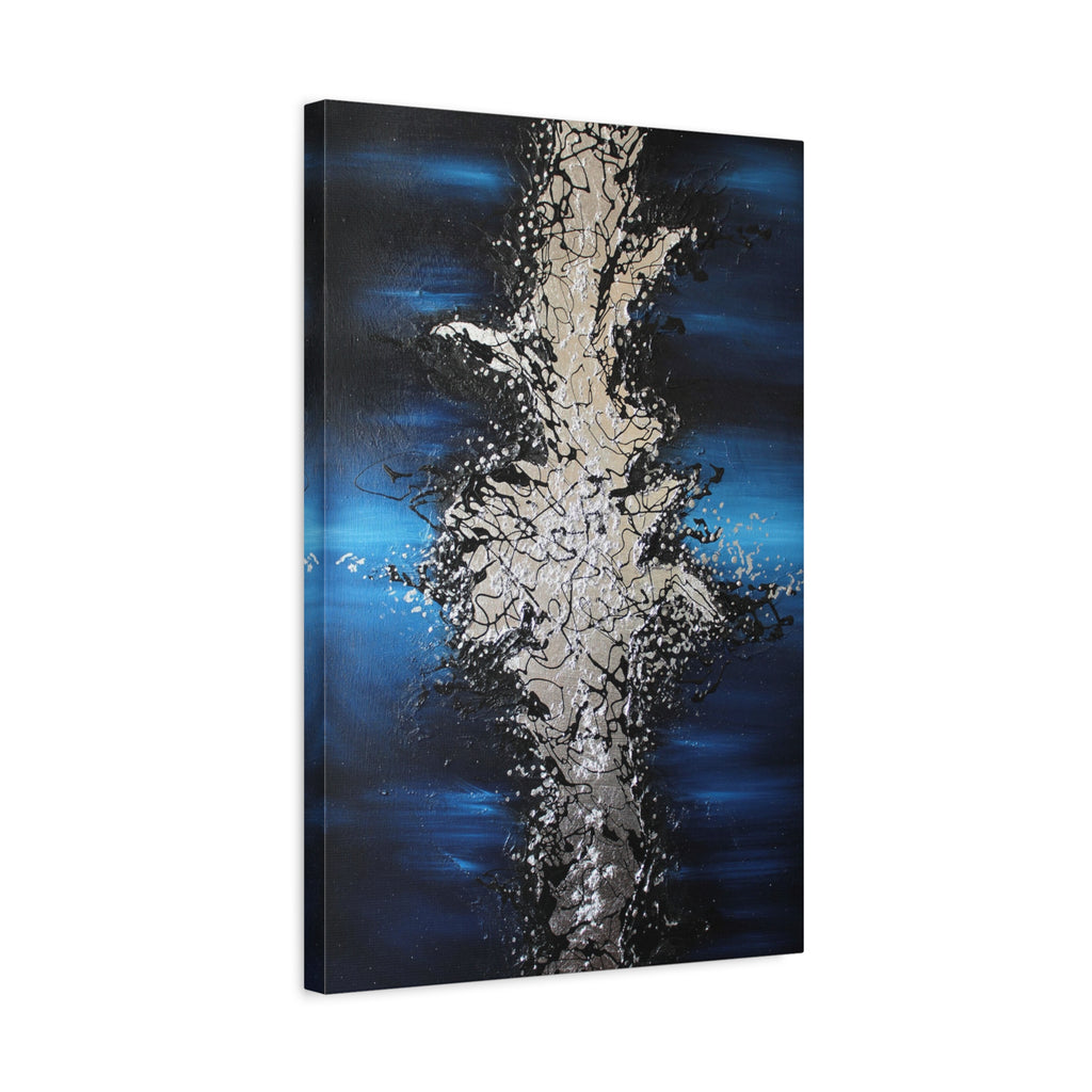 Abstract Oceanic Burst Canvas Print — Blue & Silver Matte Stretched Wall Art