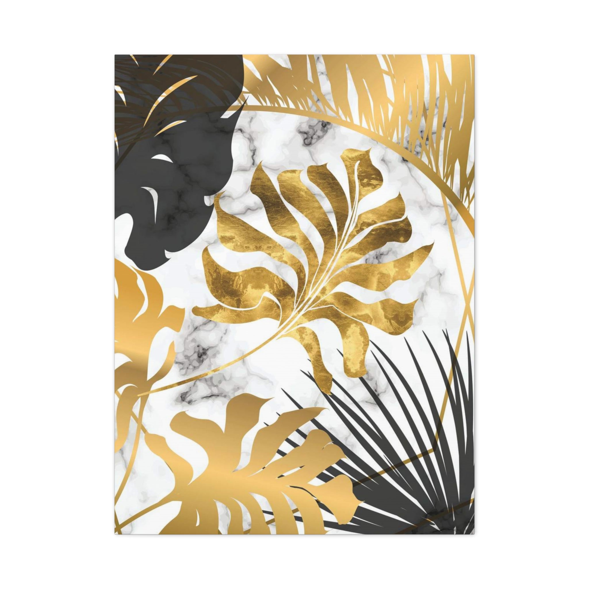 Gold & Black Tropical Leaves Canvas Wall Art — Modern Marble Botanical Print 