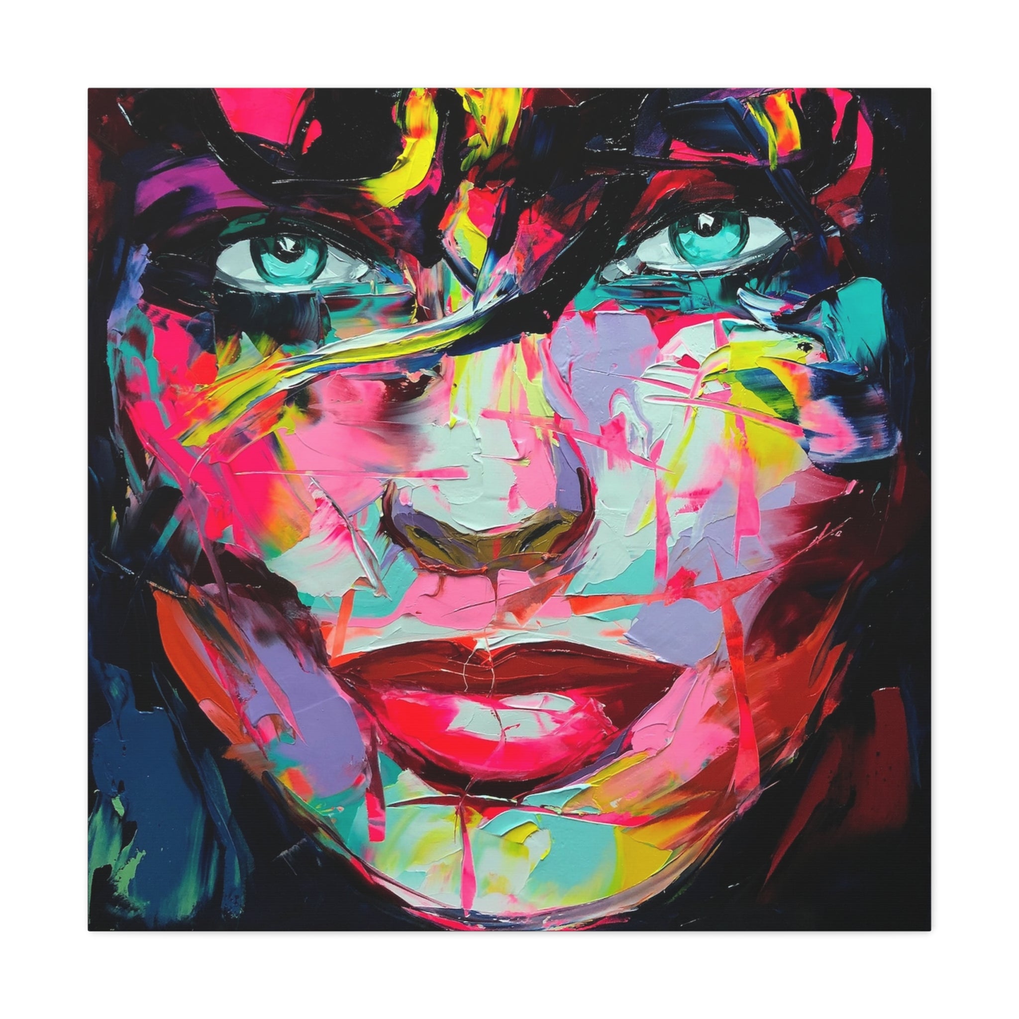 Colorful Abstract Portrait Canvas Print — Neon Female Face Matte Stretched Wall Art 