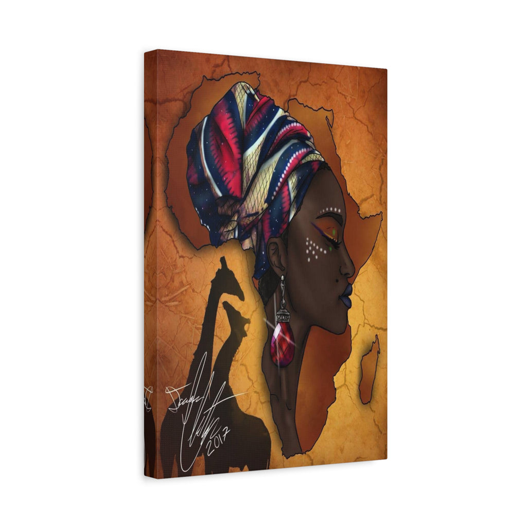 African Queen Canvas Wall Art — Profile Portrait with Giraffe Silhouette 