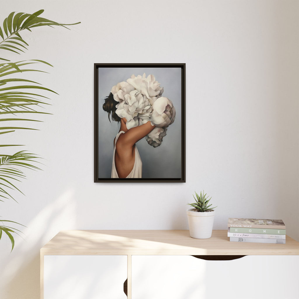 Framed Matte Canvas Art — Woman with Oversized White Peonies (Neutral Floral Wall Decor)