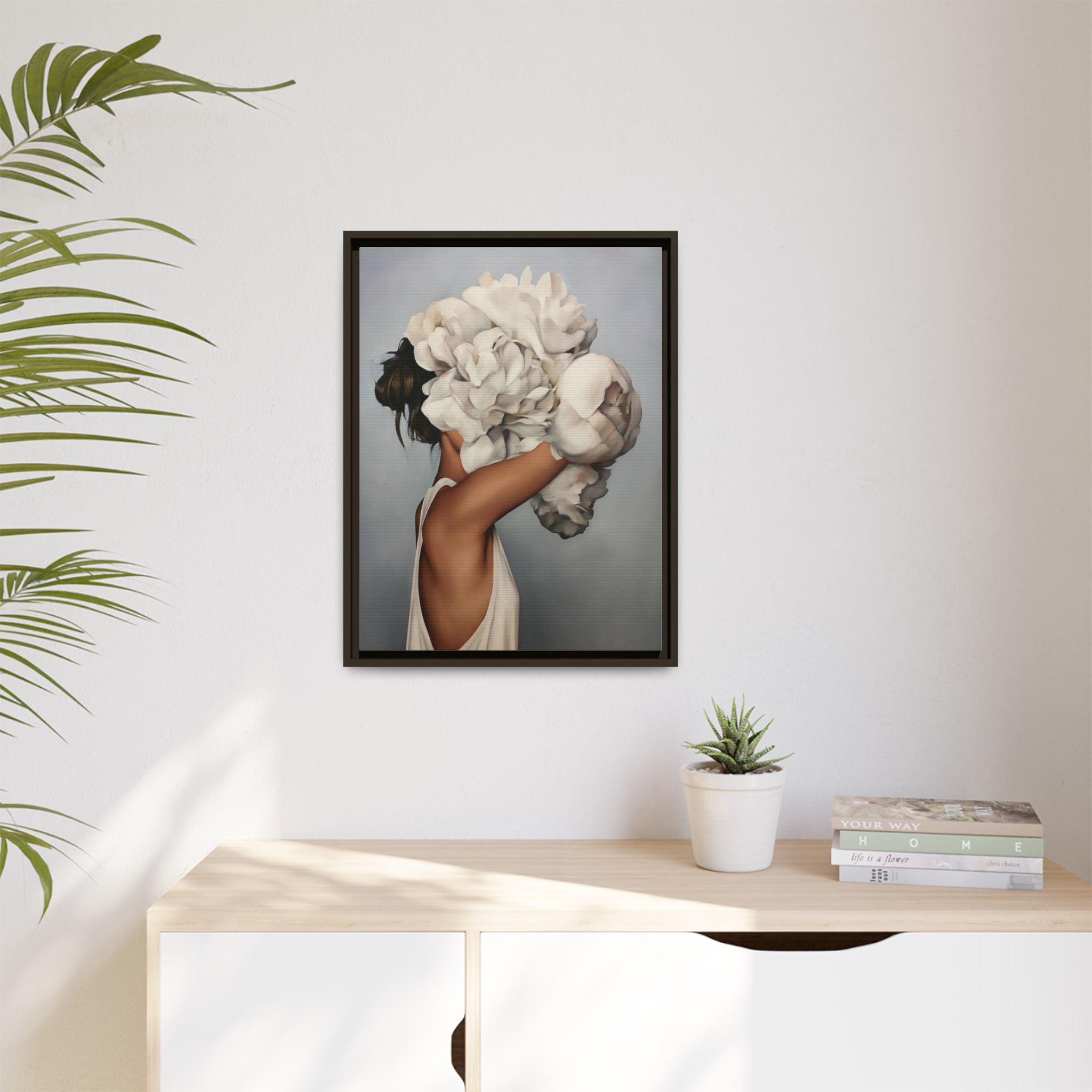 Framed Matte Canvas Art — Woman with Oversized White Peonies (Neutral Floral Wall Decor) 