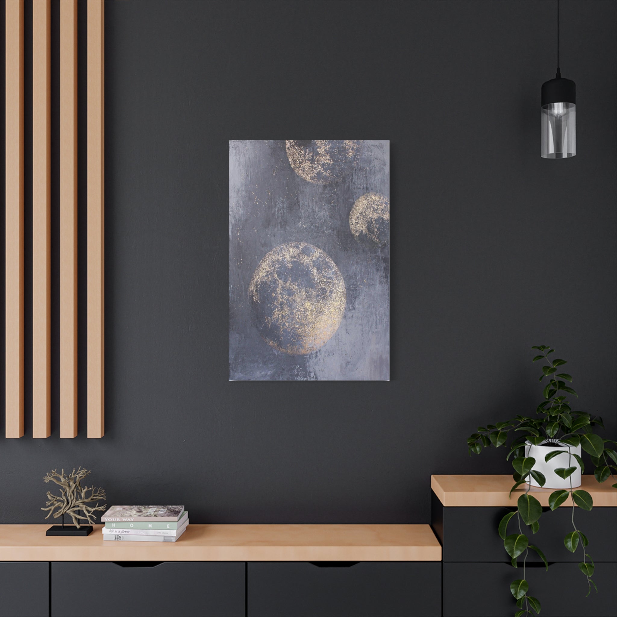 Stretched Canvas Wall Art - Abstract Gold Moon Phases on Slate Matte 