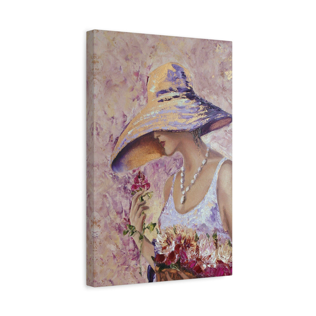 Floral Lady in Wide Brim Hat — Matte Stretched Canvas Wall Art