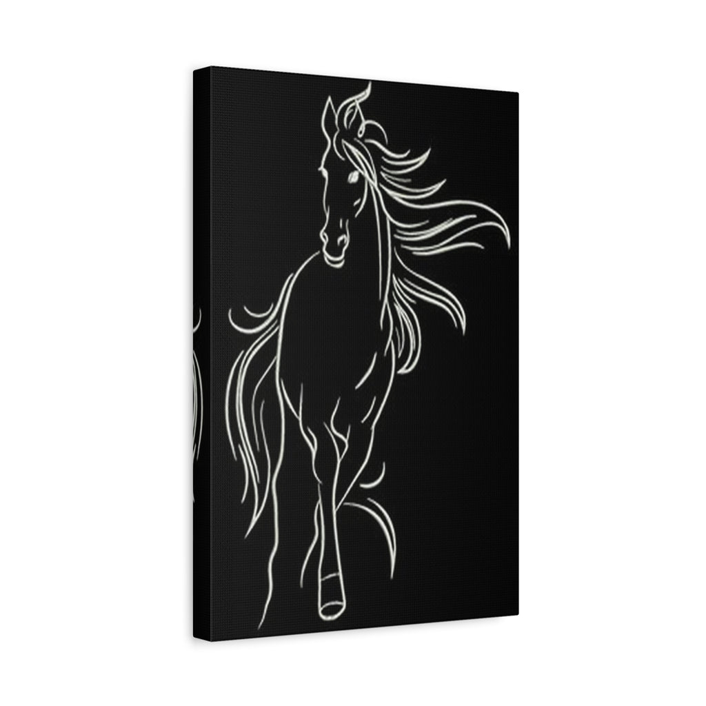 Black Minimalist Horse Canvas - White Line Art Matte Stretched Wall Art 