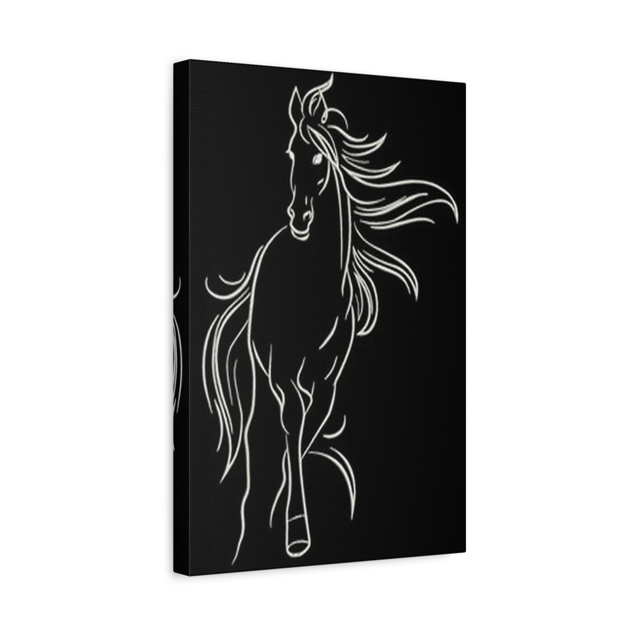 Black Minimalist Horse Canvas - White Line Art Matte Stretched Wall Art 