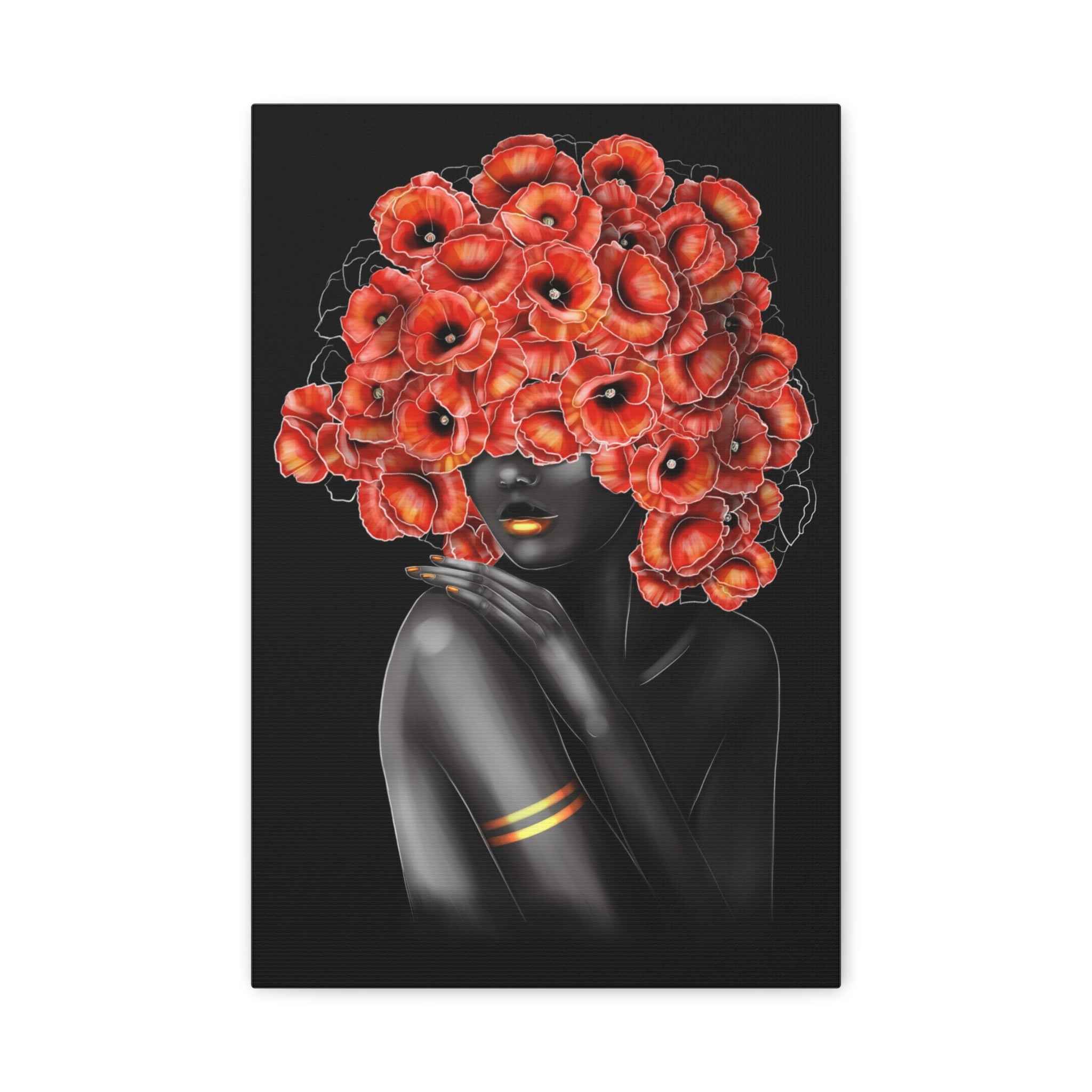 Red Floral Woman Wall Art, Abstract Black Woman Portrait