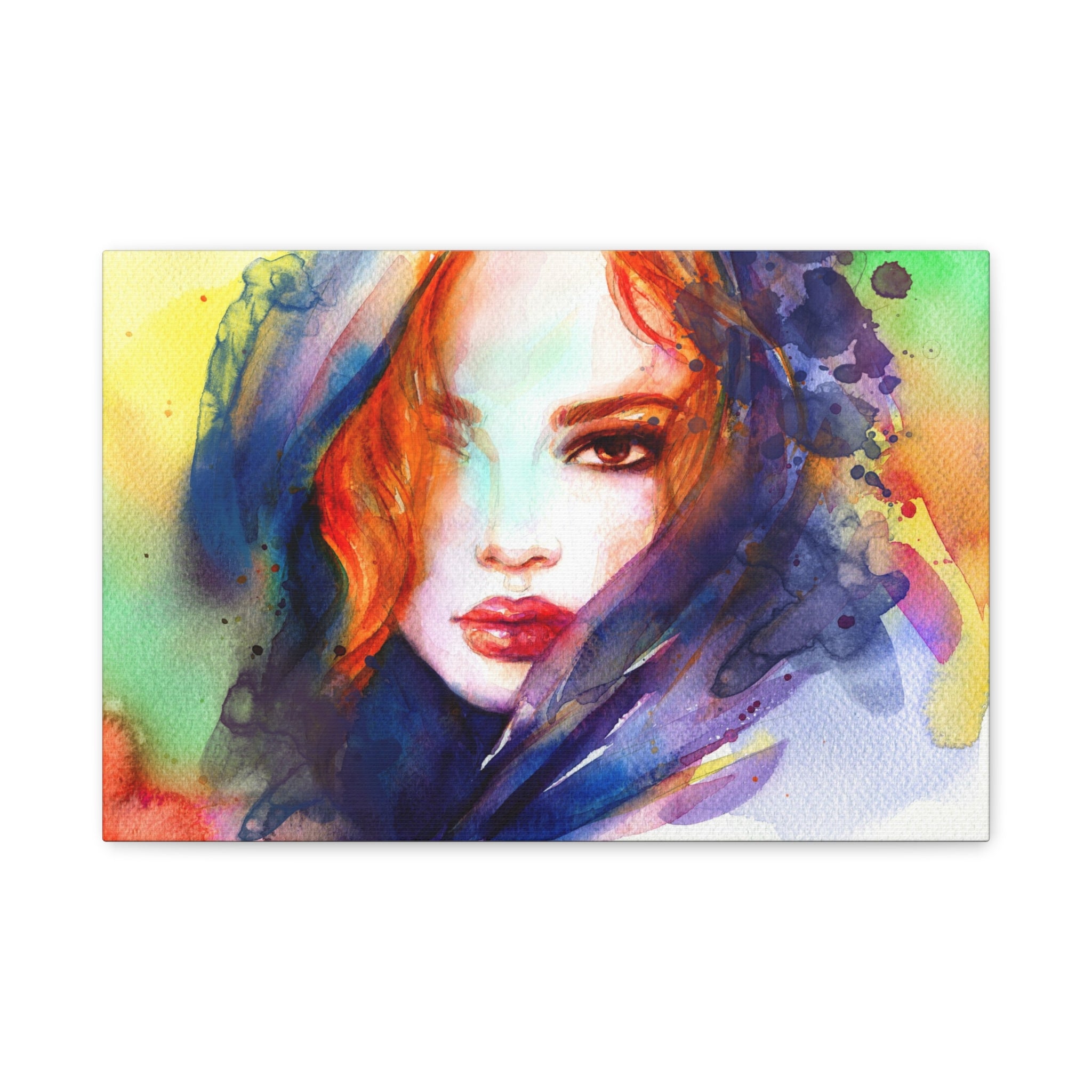 Watercolor Portrait Canvas Print — Vibrant Woman Face Matte Stretched Wall Art