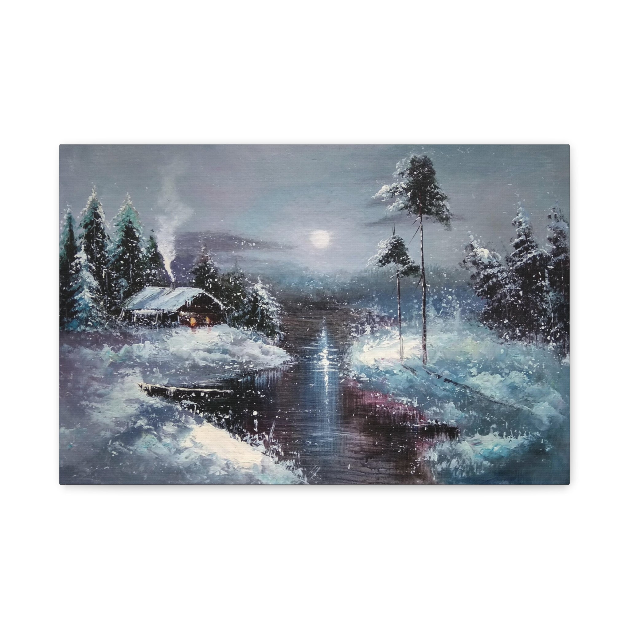 Winter Moonlit Lake Canvas Wall Art — Cozy Snowy Cabin Landscape 