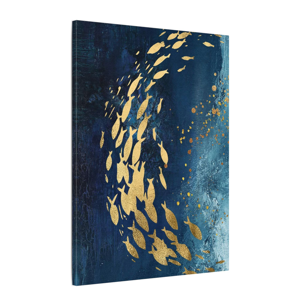 Abstract Gold Fish Canvas — Navy Ocean Wall Art (Matte Stretched)