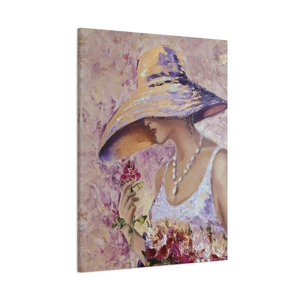 Floral Lady in Wide Brim Hat — Matte Stretched Canvas Wall Art