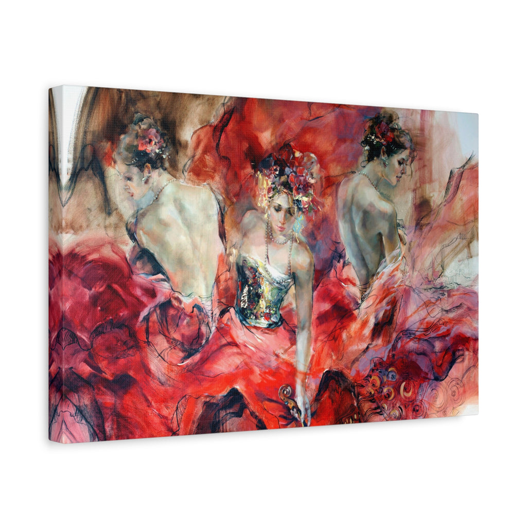 Flamenco Dancers Matte Stretched Canvas Print — Vibrant Red Ballet Wall Art