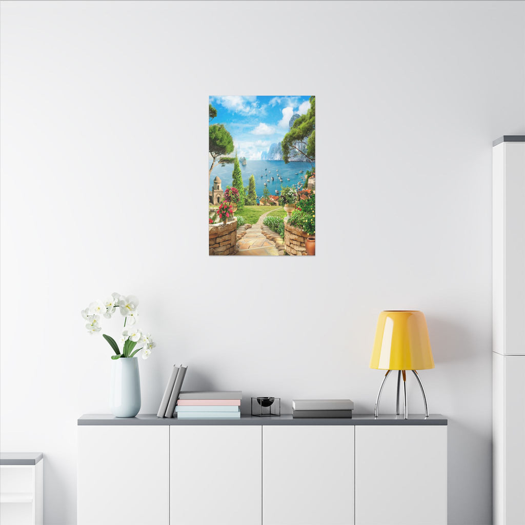 Canvas Wall Art - Mediterranean Seaside Pathway Painting (Matte Stretched Canvas)