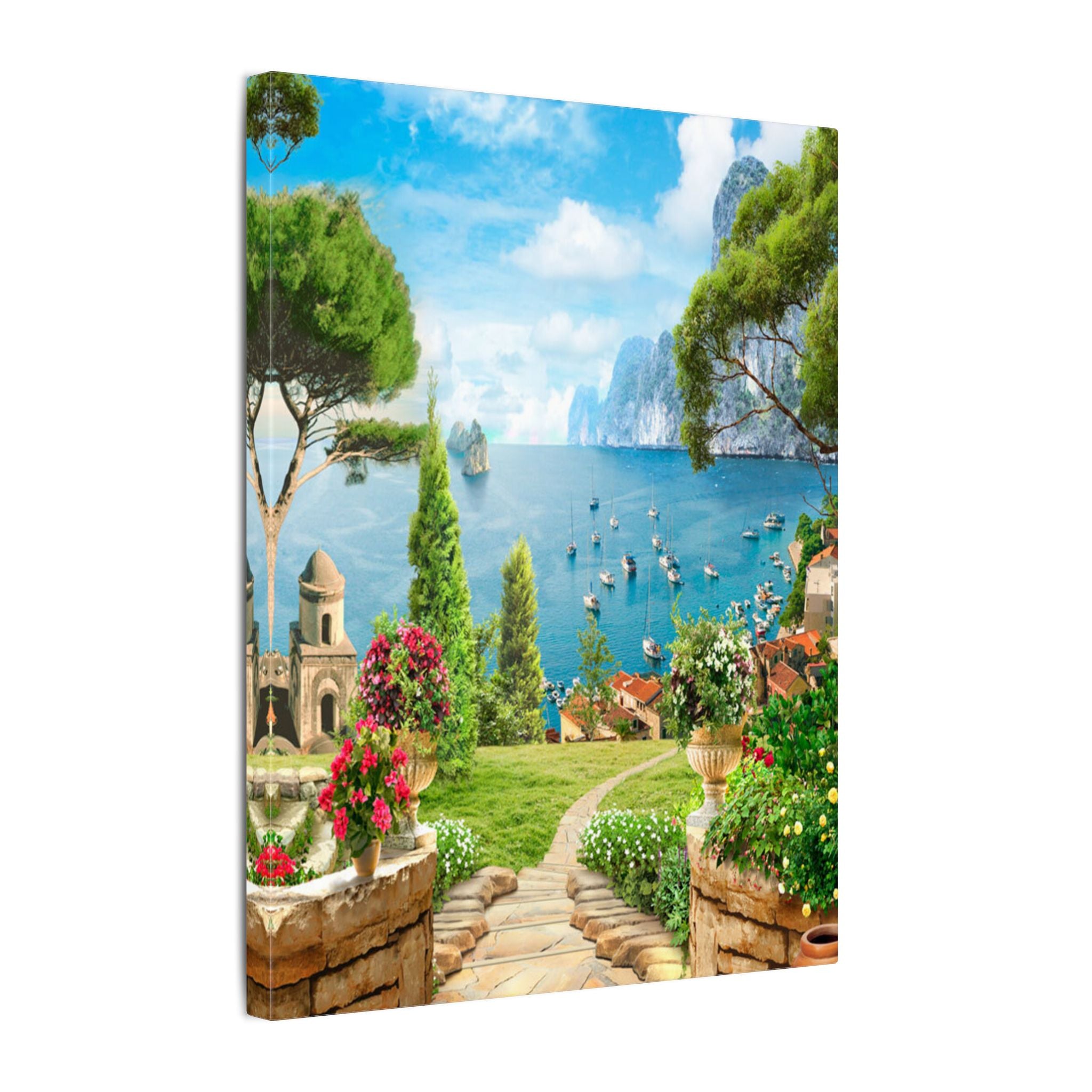 Canvas Wall Art - Mediterranean Seaside Pathway Painting (Matte Stretched Canvas) 