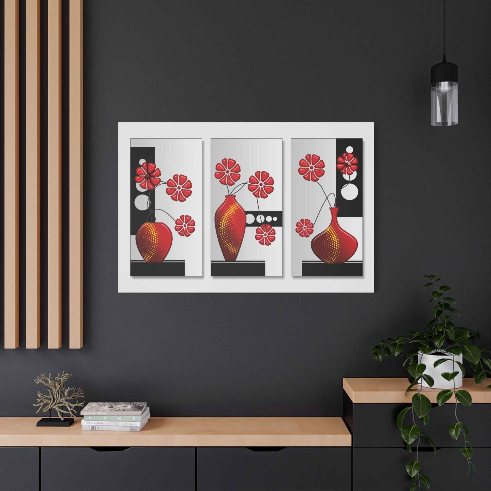 Modern Red Flower Vase Triptych Canvas Wall Art – Floral Wall Decor