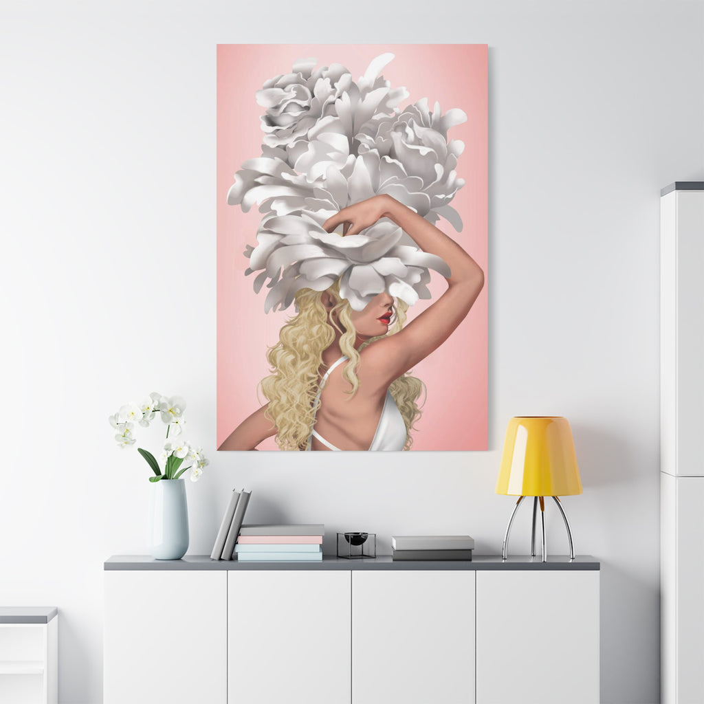 Blushing Muse Floral Canvas Print — Woman with Oversized White Peony Hat