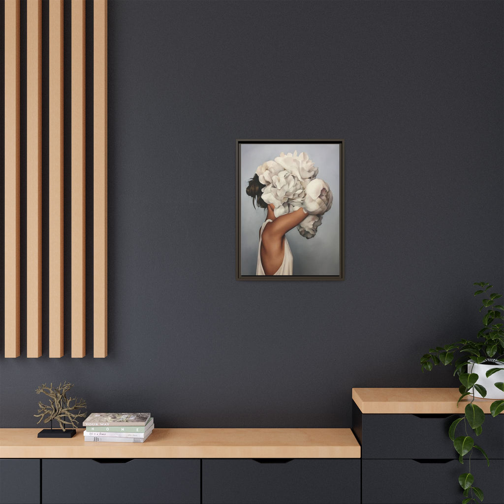 Framed Matte Canvas Art — Woman with Oversized White Peonies (Neutral Floral Wall Decor)