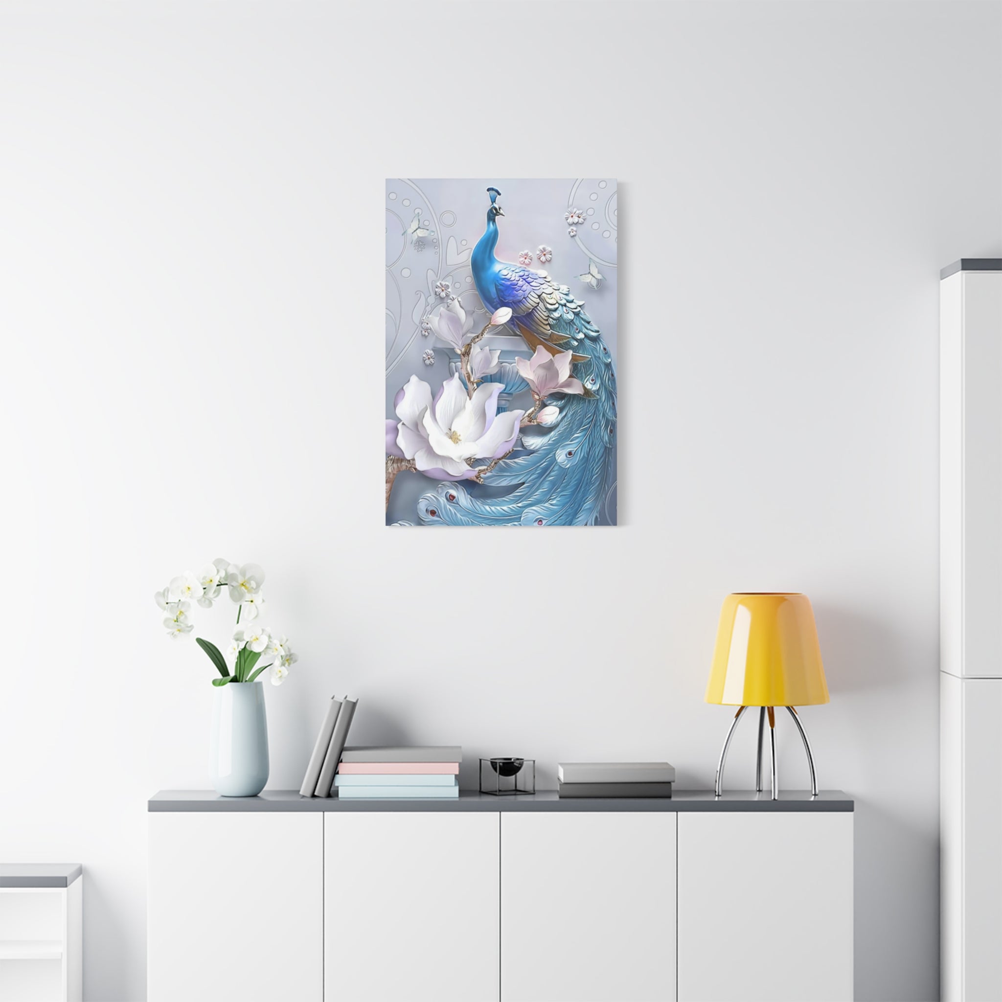 Blue Peacock Floral Canvas Wall Art — Matte Stretched 1.25" 