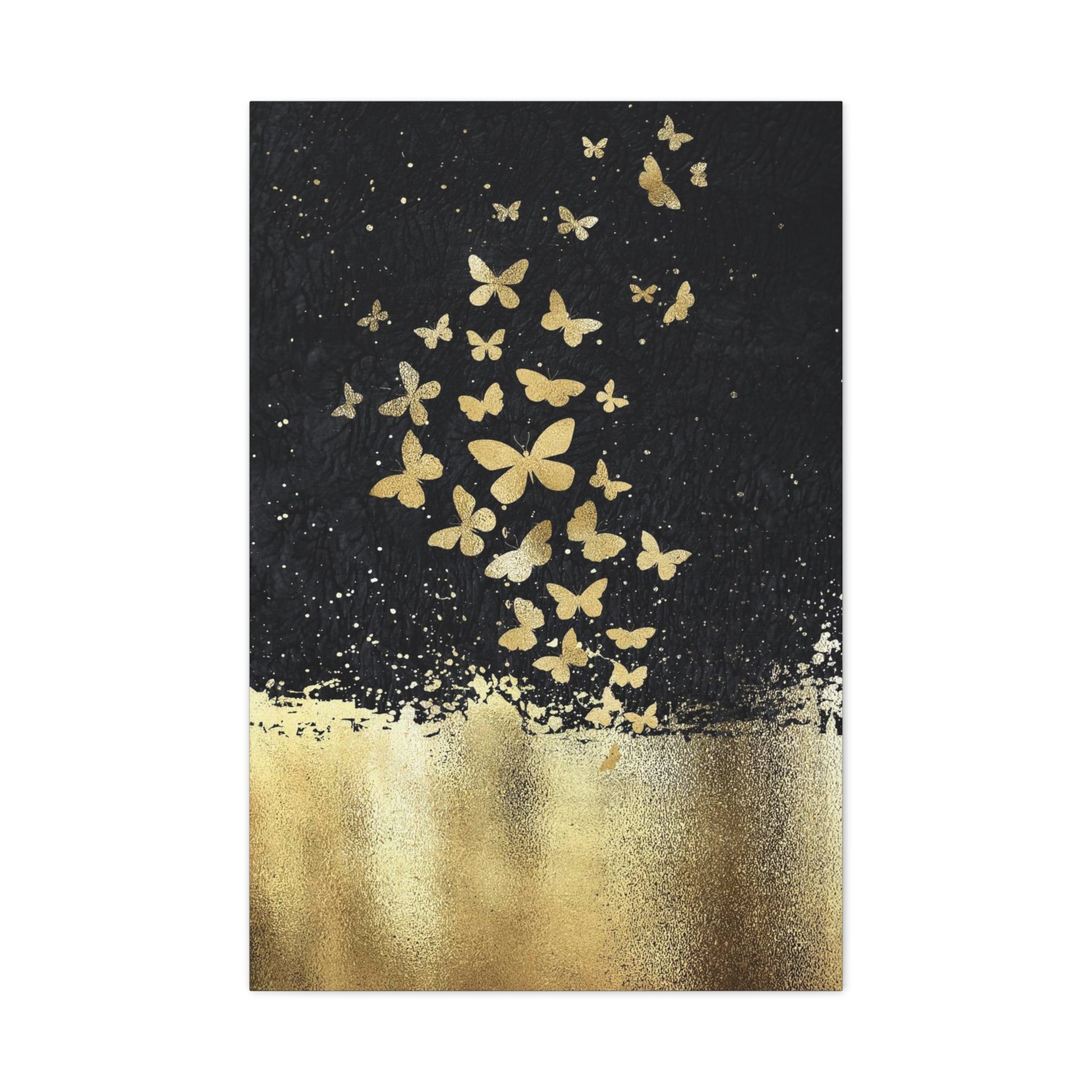 Canvas Art - Gold Butterflies on Black Abstract Matte Stretched Canvas 