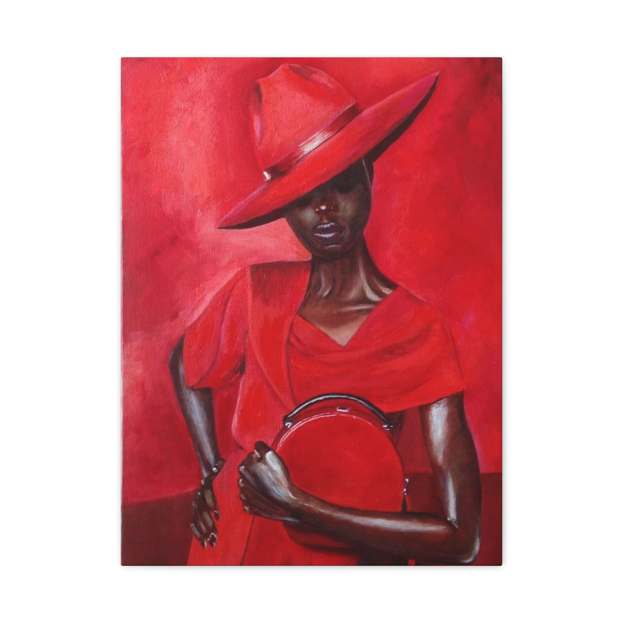 Elegant Red Hat Lady Canvas Print — Fashion Portrait Matte Stretched Wall Art 
