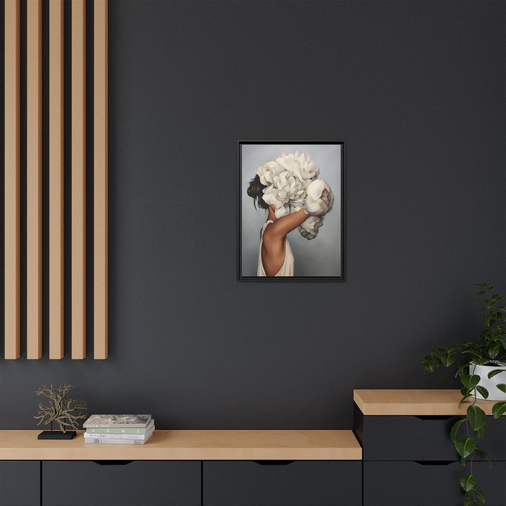 Framed Matte Canvas Art — Woman with Oversized White Peonies (Neutral Floral Wall Decor)