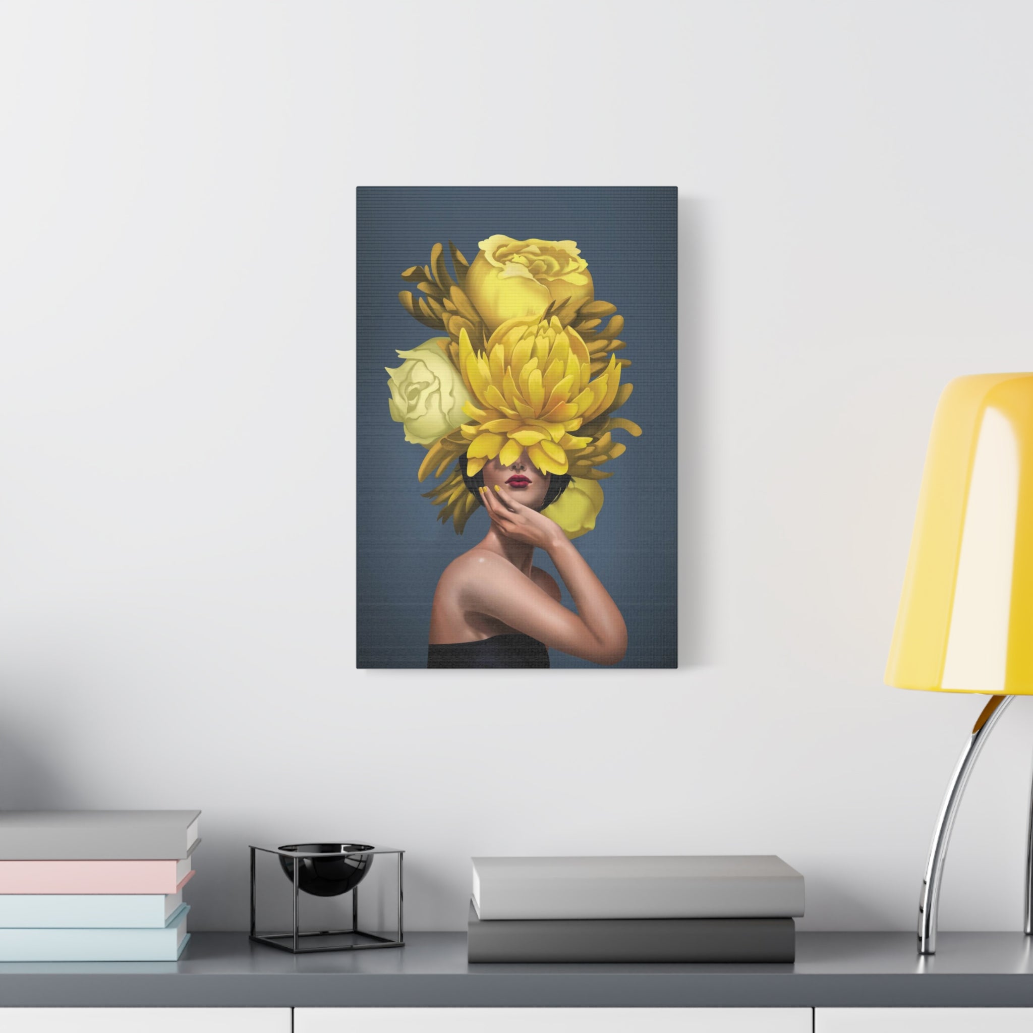 Yellow Floral Femme Canvas Wall Art — Modern Portrait with Giant Flowers