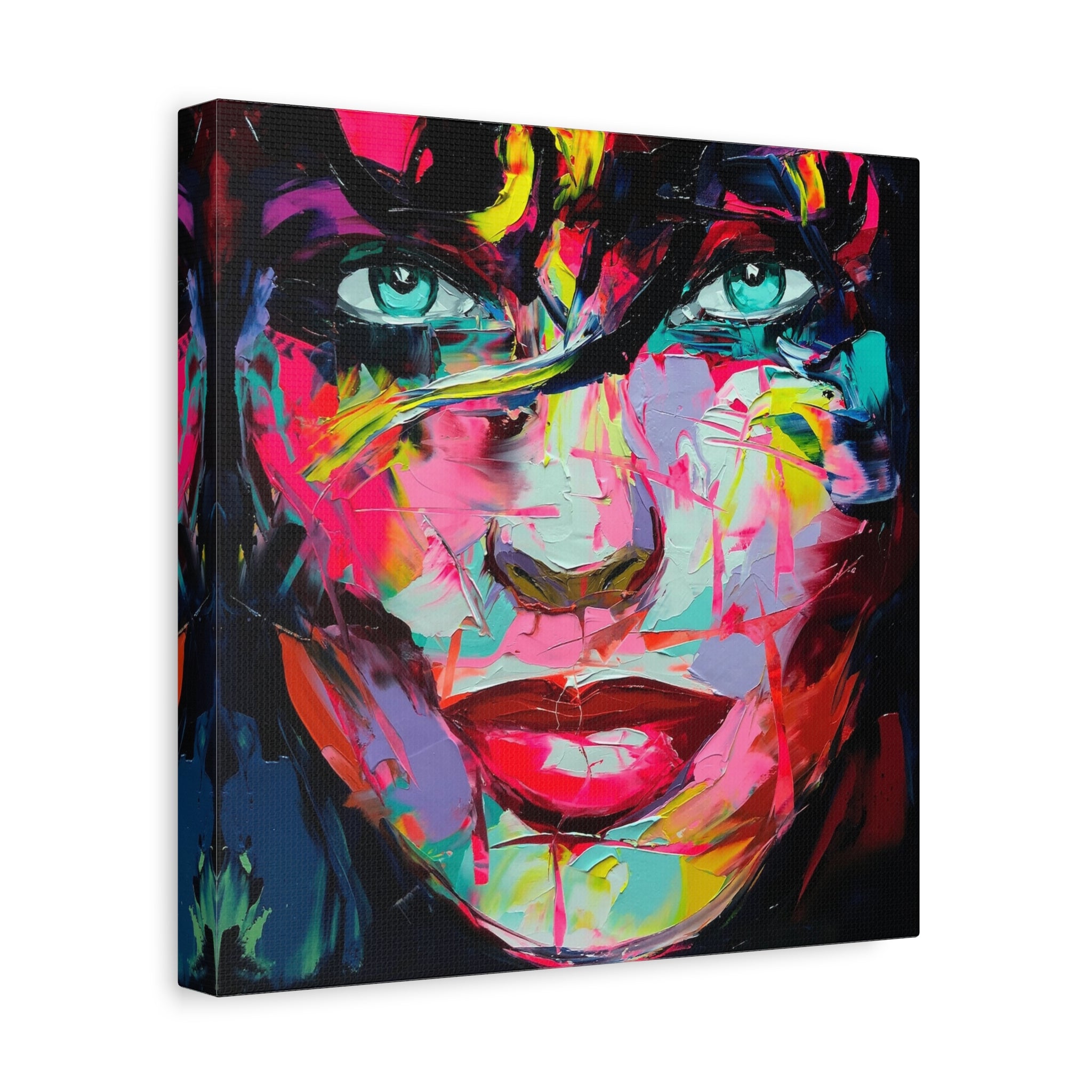 Colorful Abstract Portrait Canvas Print — Neon Female Face Matte Stretched Wall Art