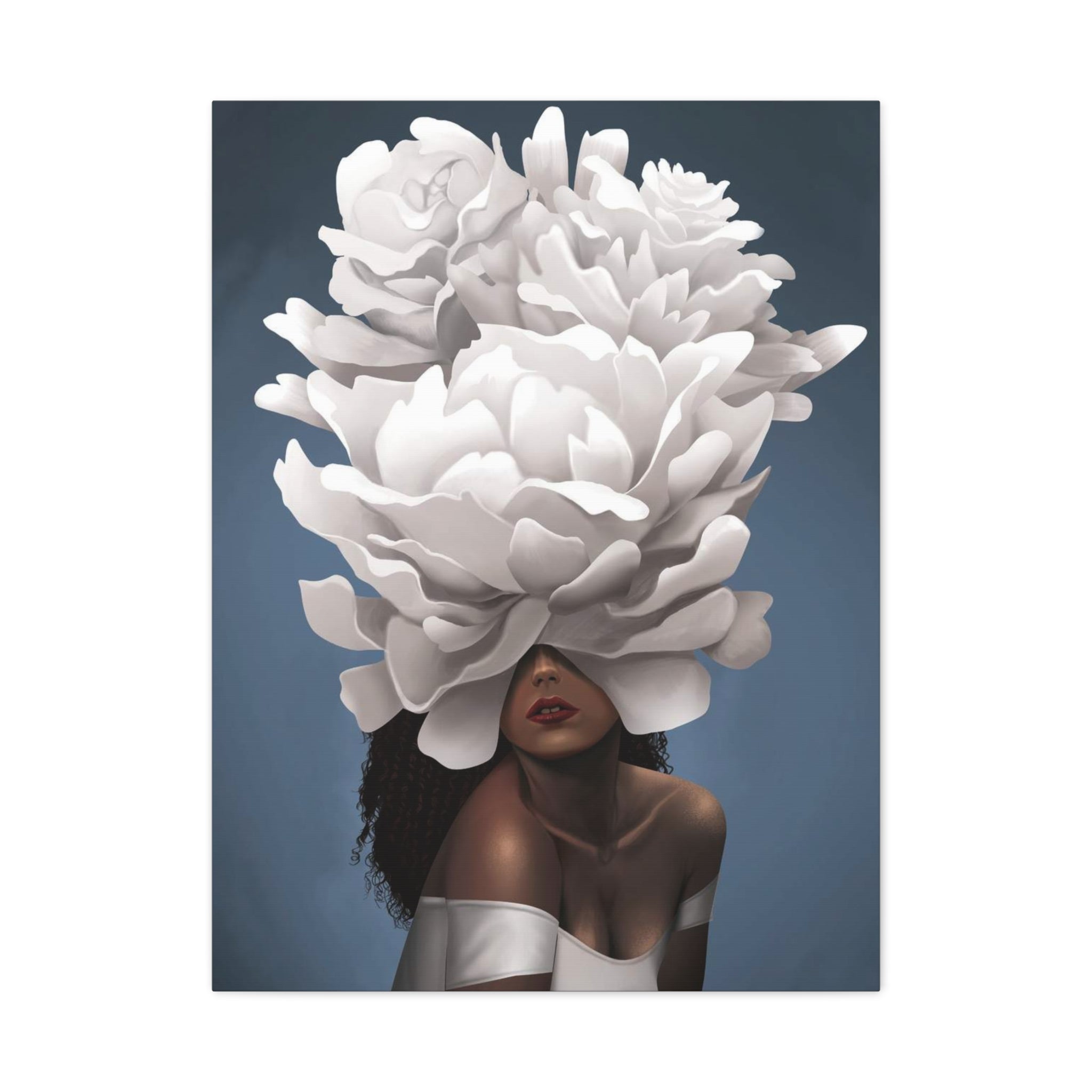Floral Veil Canvas Wall Art — Elegant Woman with Oversized White Peony 
