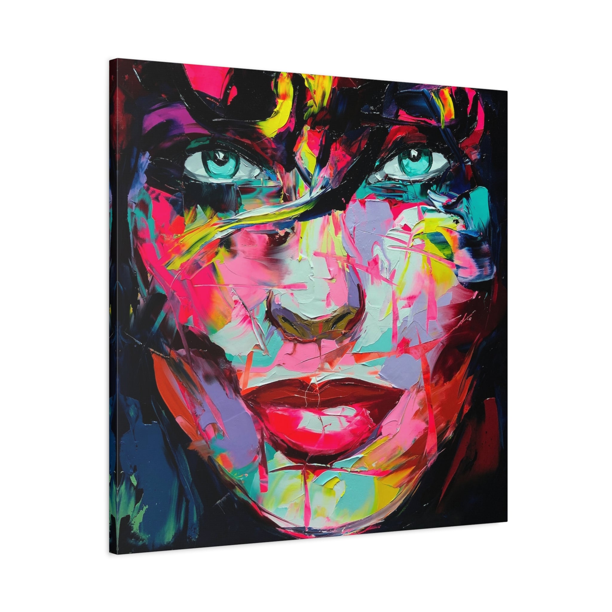 Colorful Abstract Portrait Canvas Print — Neon Female Face Matte Stretched Wall Art
