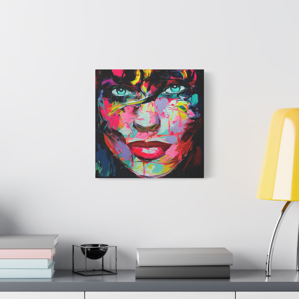 Colorful Abstract Portrait Canvas Print — Neon Female Face Matte Stretched Wall Art
