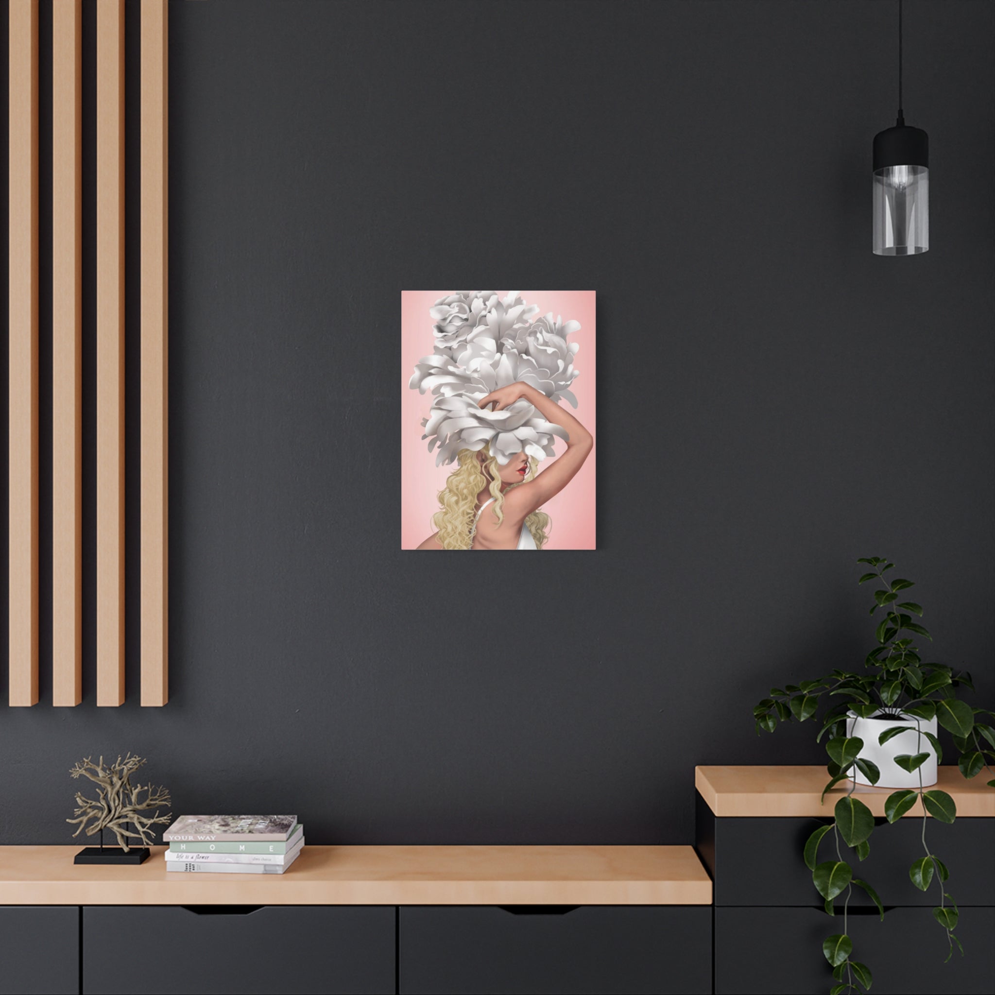 Blushing Muse Floral Canvas Print — Woman with Oversized White Peony Hat
