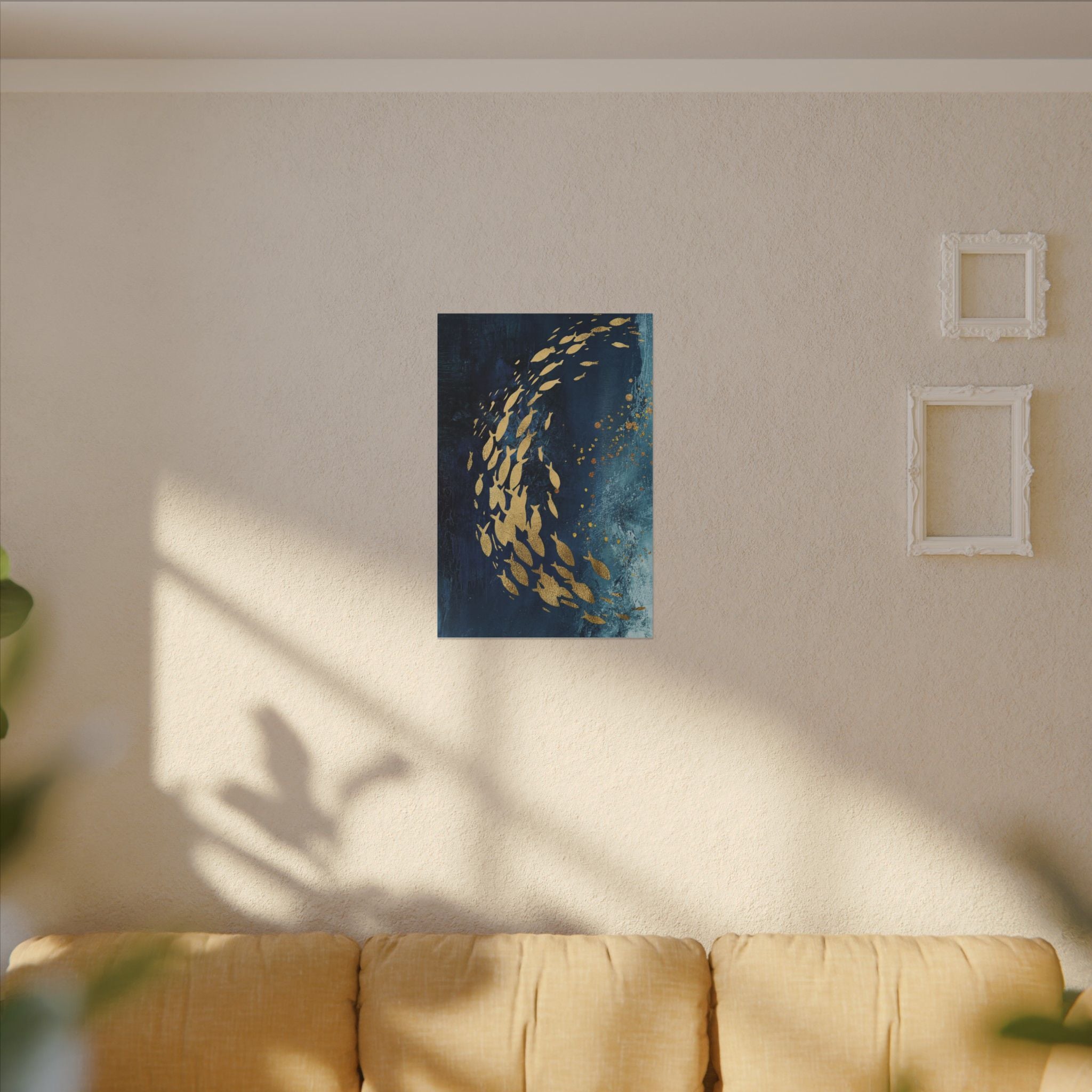 Abstract Gold Fish Canvas — Navy Ocean Wall Art (Matte Stretched)