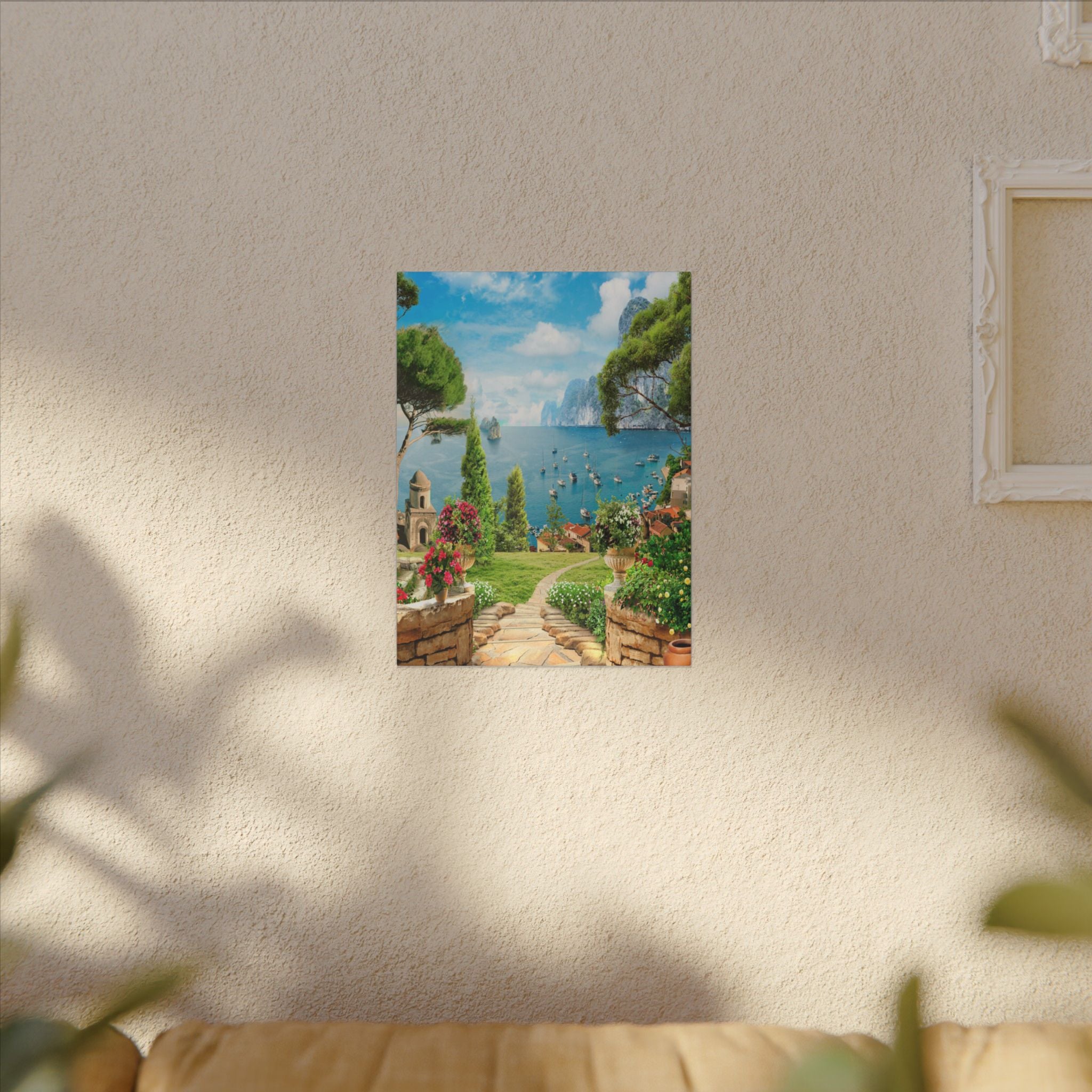 Canvas Wall Art - Mediterranean Seaside Pathway Painting (Matte Stretched Canvas)