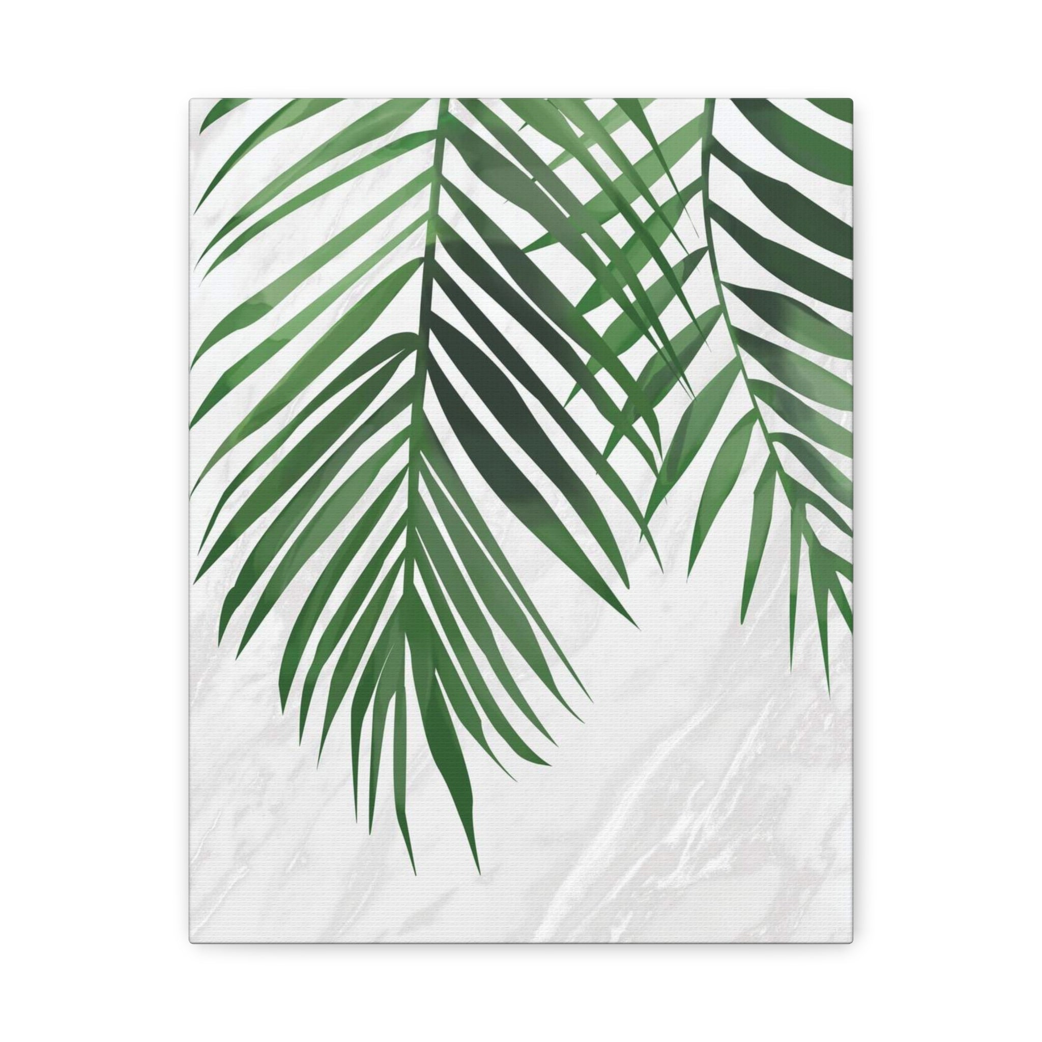 Tropical Palm Leaf Canvas Wall Art — Green Palm Fronds on Marble Matte Canvas 