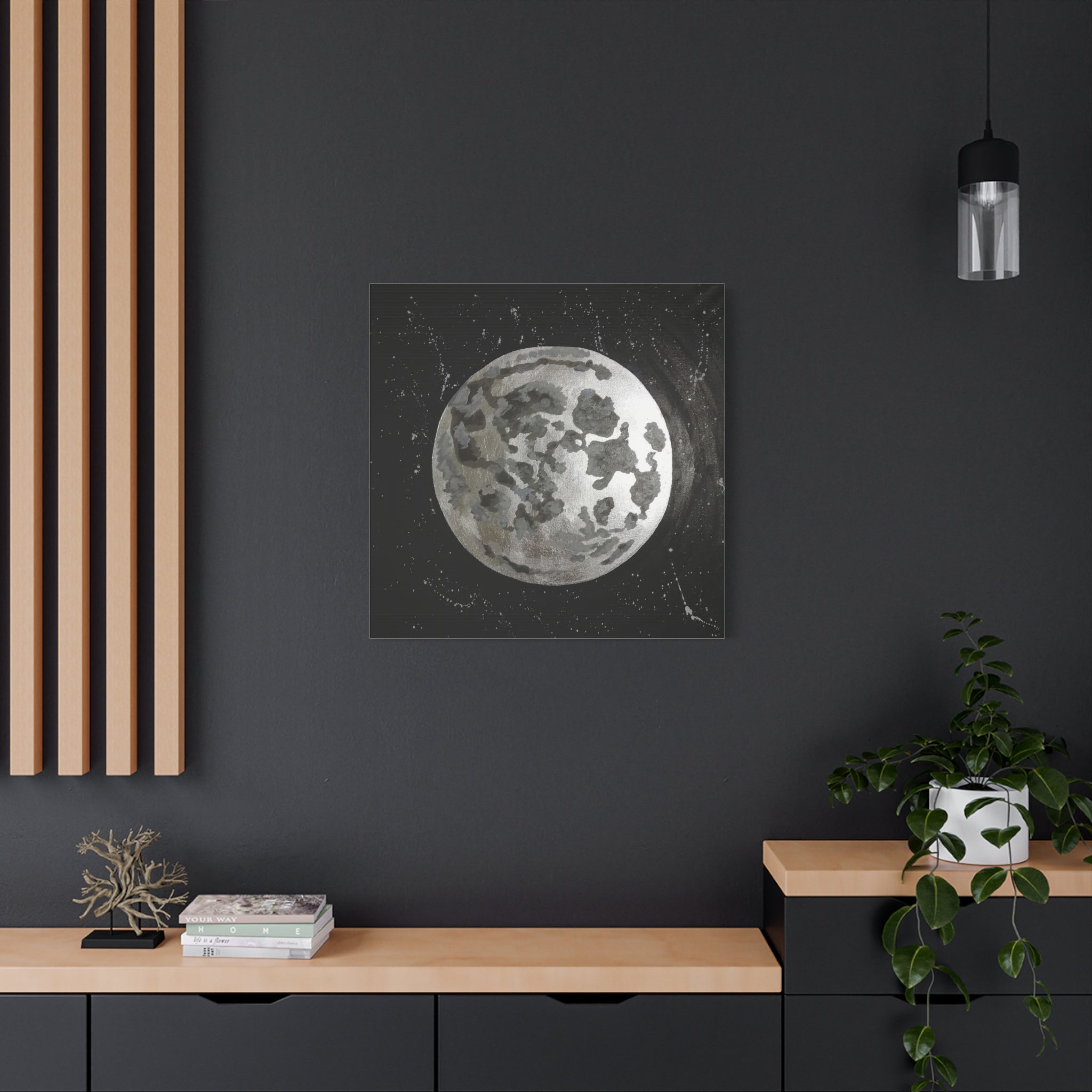 Lunar Moon Canvas Print — Watercolor Moon Art on Black Starry Background 
