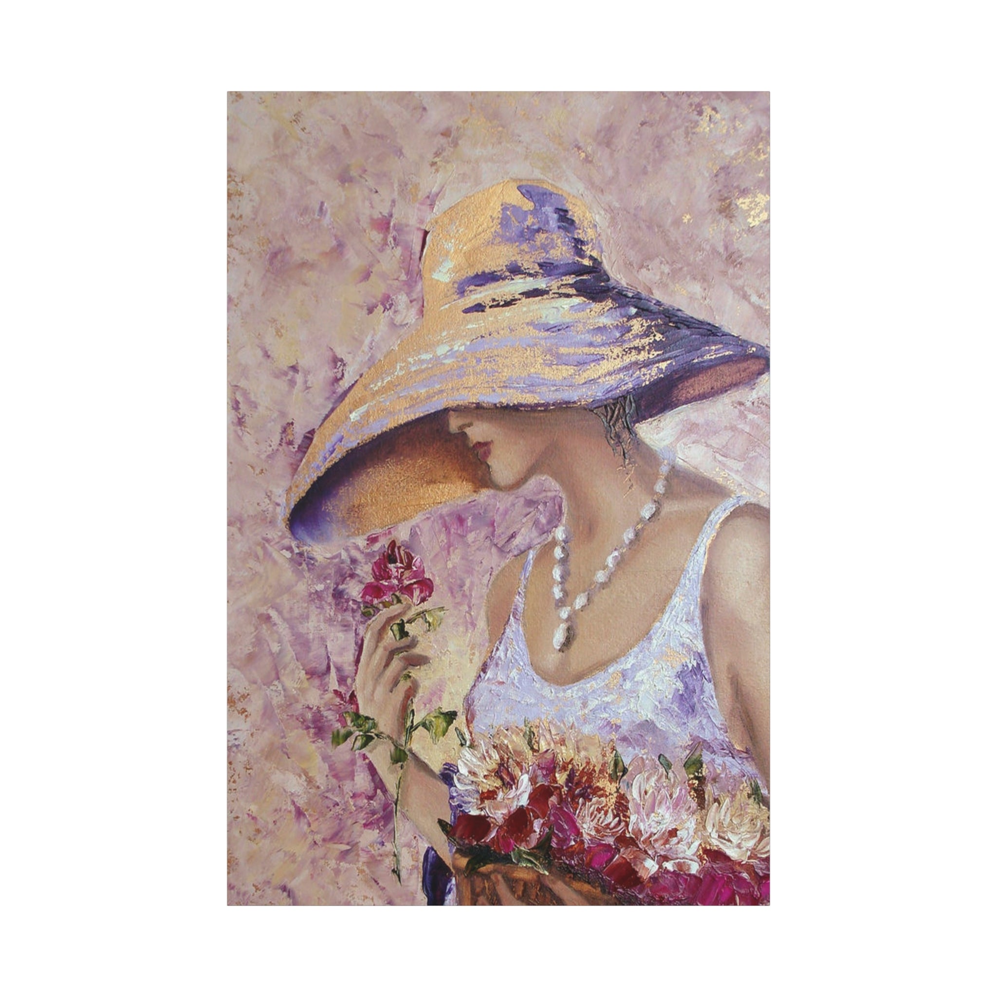 Floral Lady in Wide Brim Hat — Matte Stretched Canvas Wall Art 