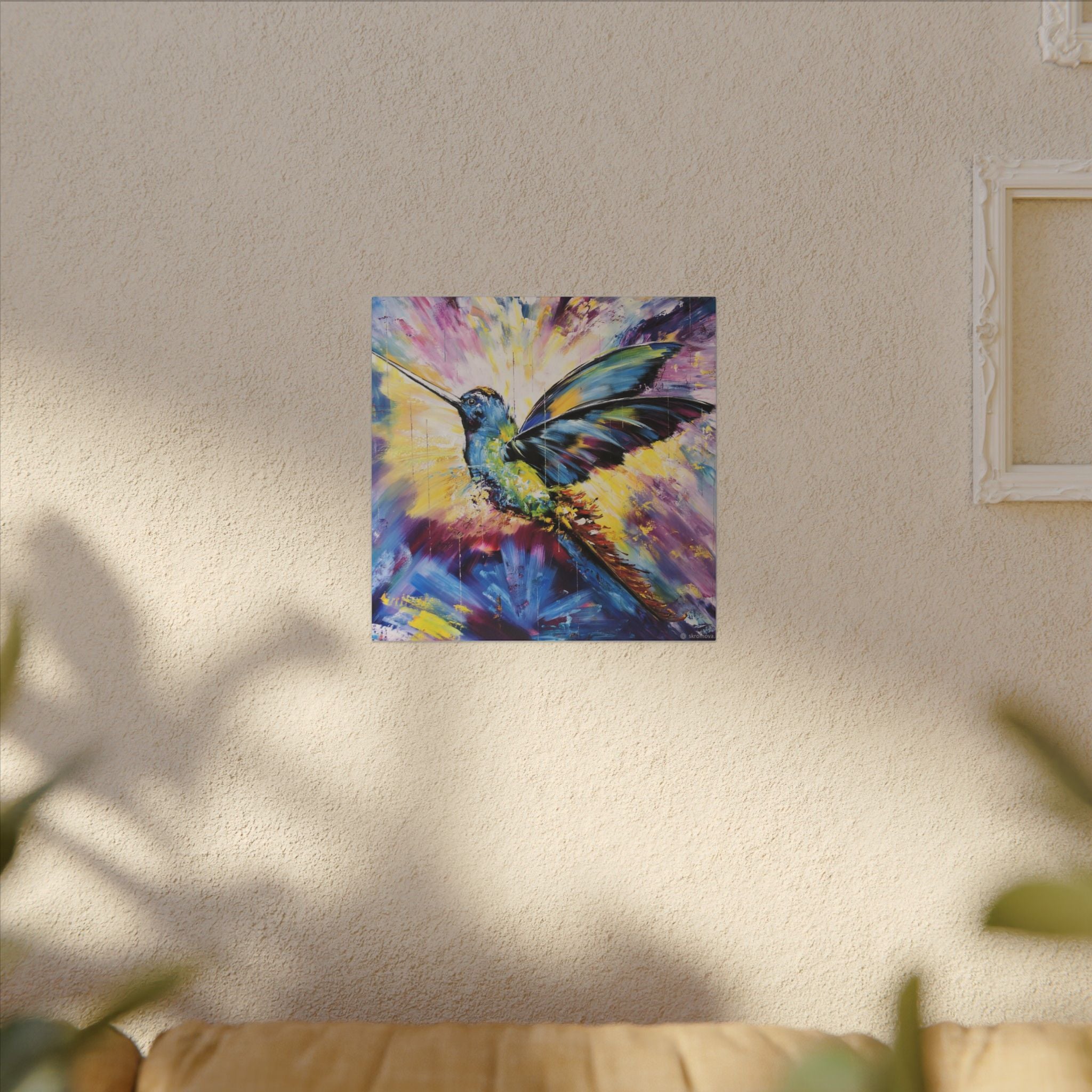 Vibrant Hummingbird Canvas Art — Colorful Abstract Bird Wall Decor (Matte Stretched) 