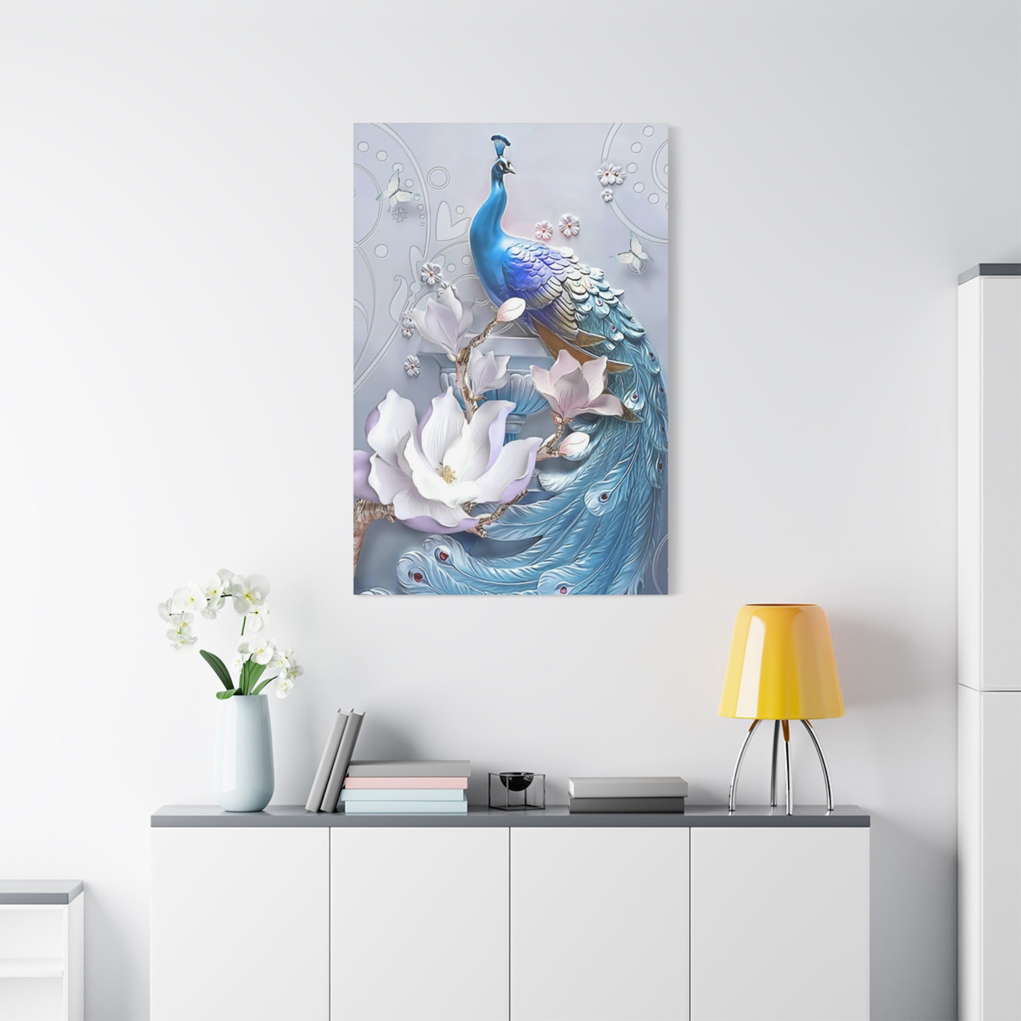 Blue Peacock Floral Canvas Wall Art — Matte Stretched 1.25" 